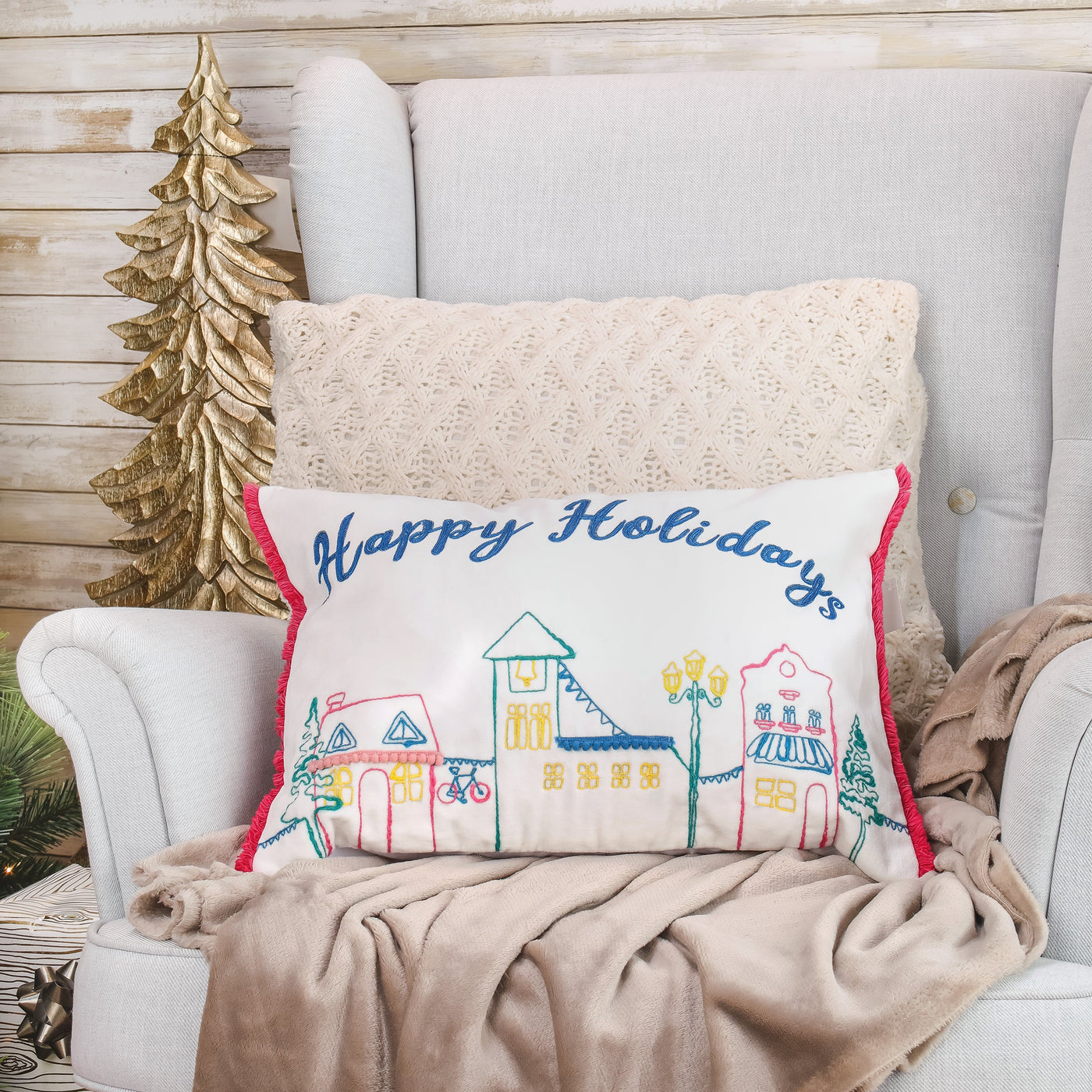 20 in. HGTV Home Collection Embroidered Happy Holidays Pillow