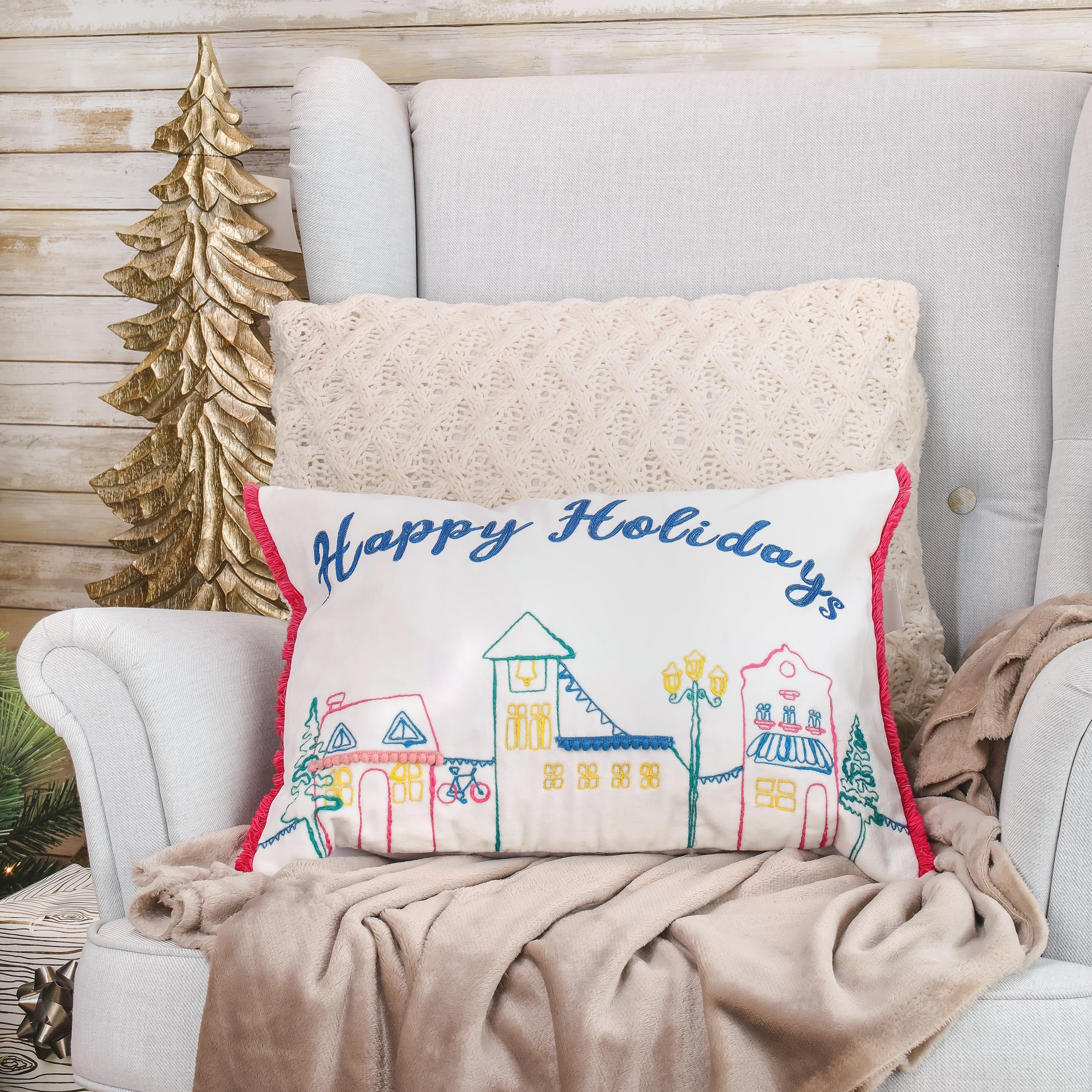 20 in. HGTV Home Collection Embroidered Happy Holidays Pillow