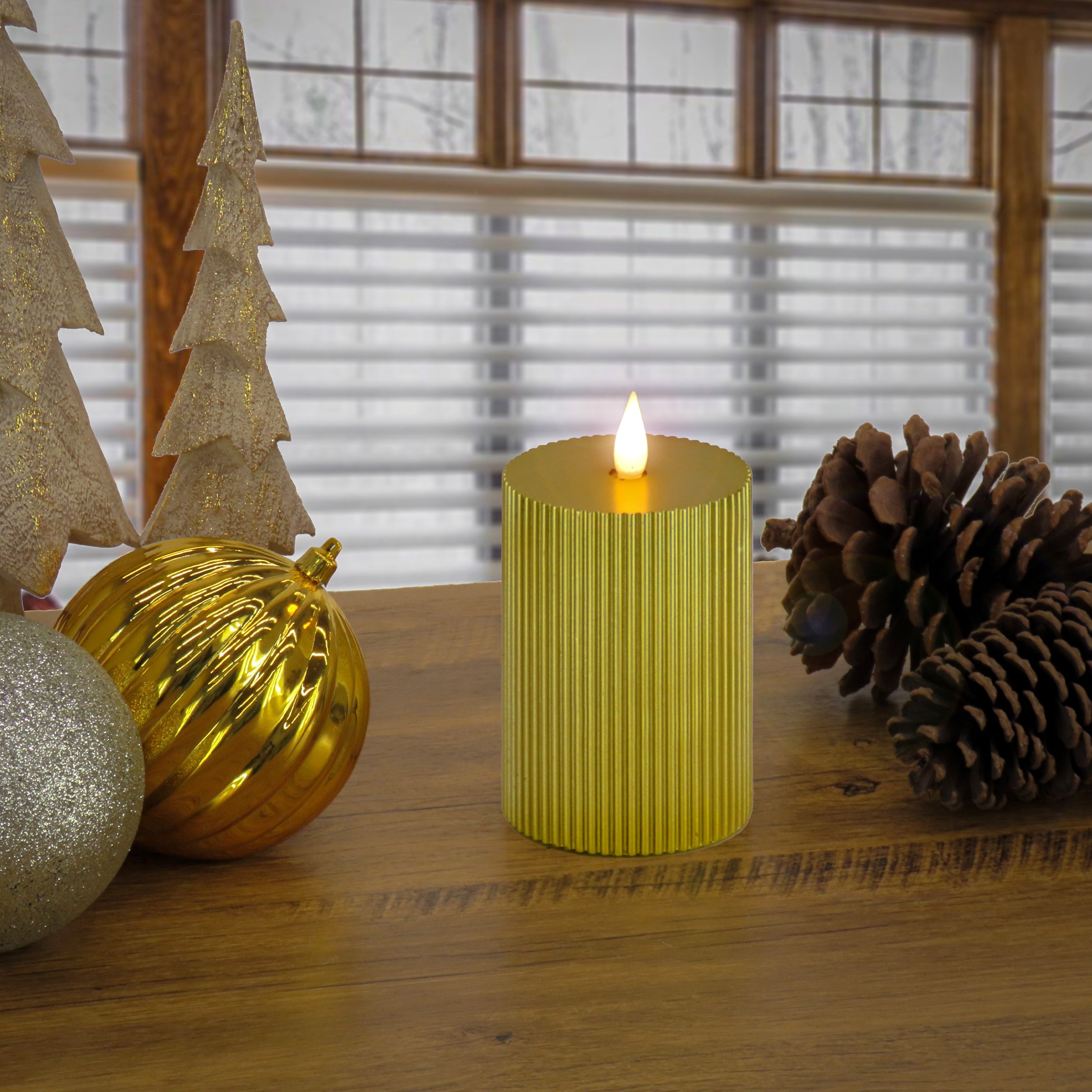 3 in. by 7 in. HGTV Home Collection Flameless Georgetown Pillar Candle, Gold