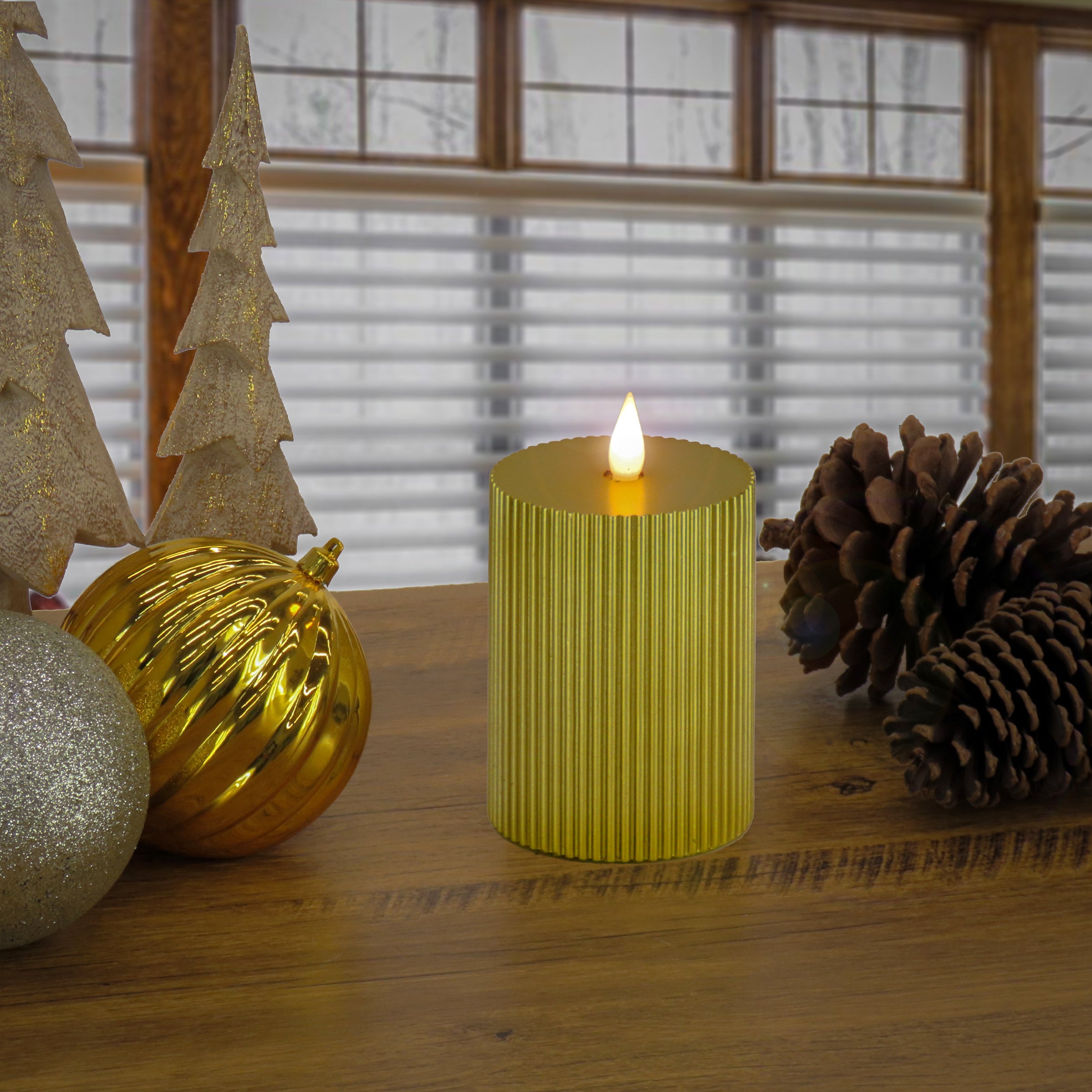 4 in. by 6 in. HGTV Home Collection Flameless Georgetown Pillar Candle, Gold