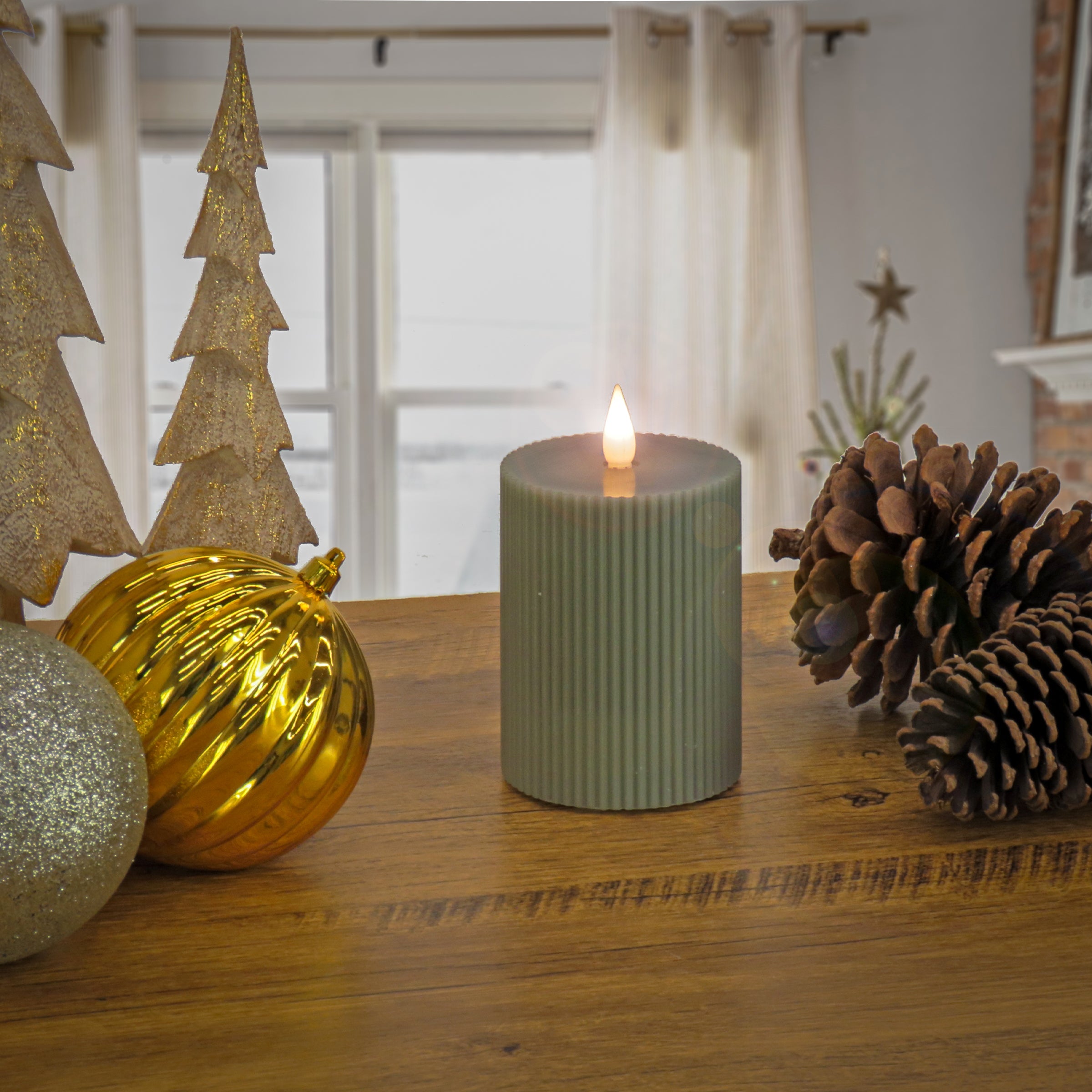 3 in. by 5 in. HGTV Home Collection Flameless Georgetown Pillar Candle, Dk Green