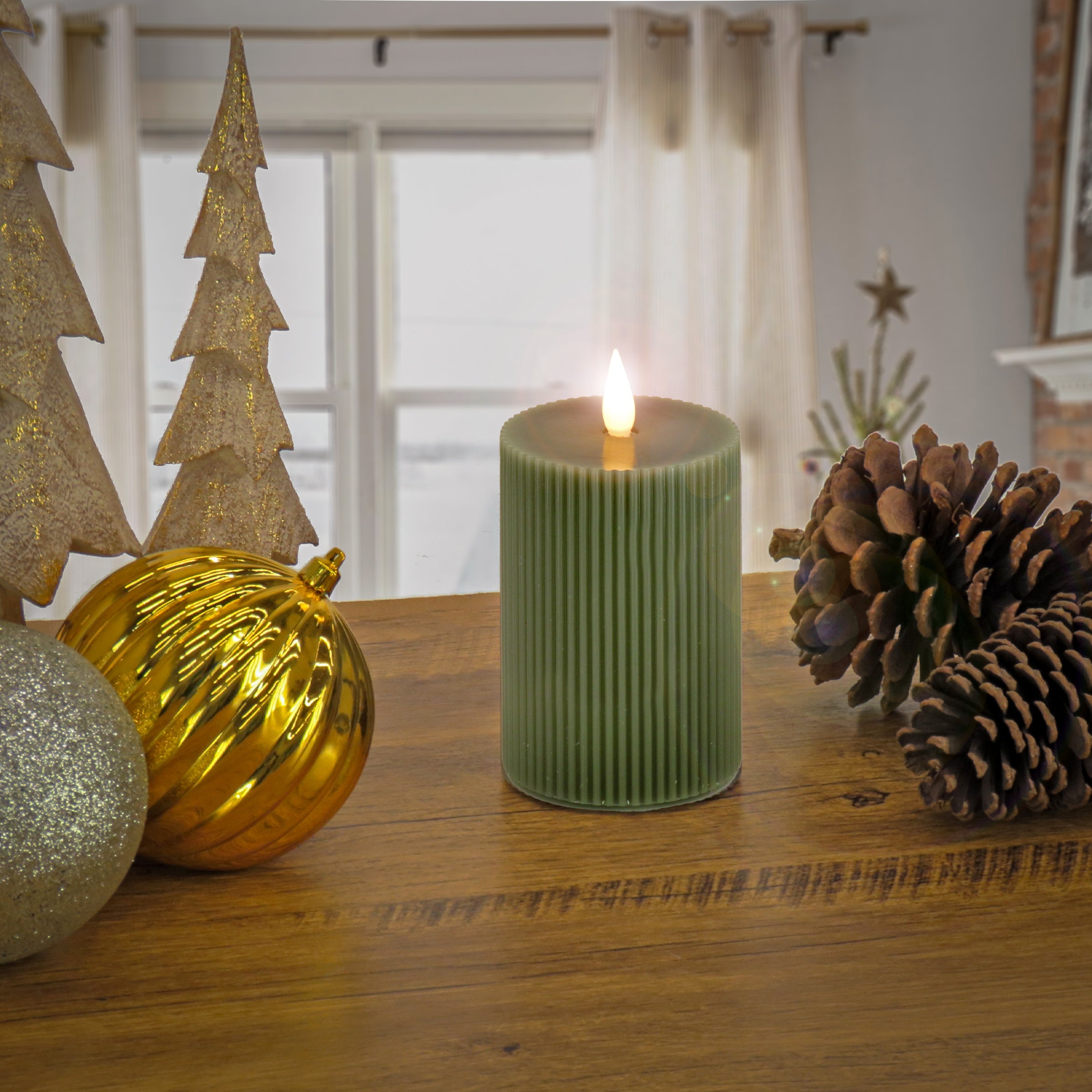 3 in. by 7 in. HGTV Home Collection Flameless Georgetown Pillar Candle, Dk Green