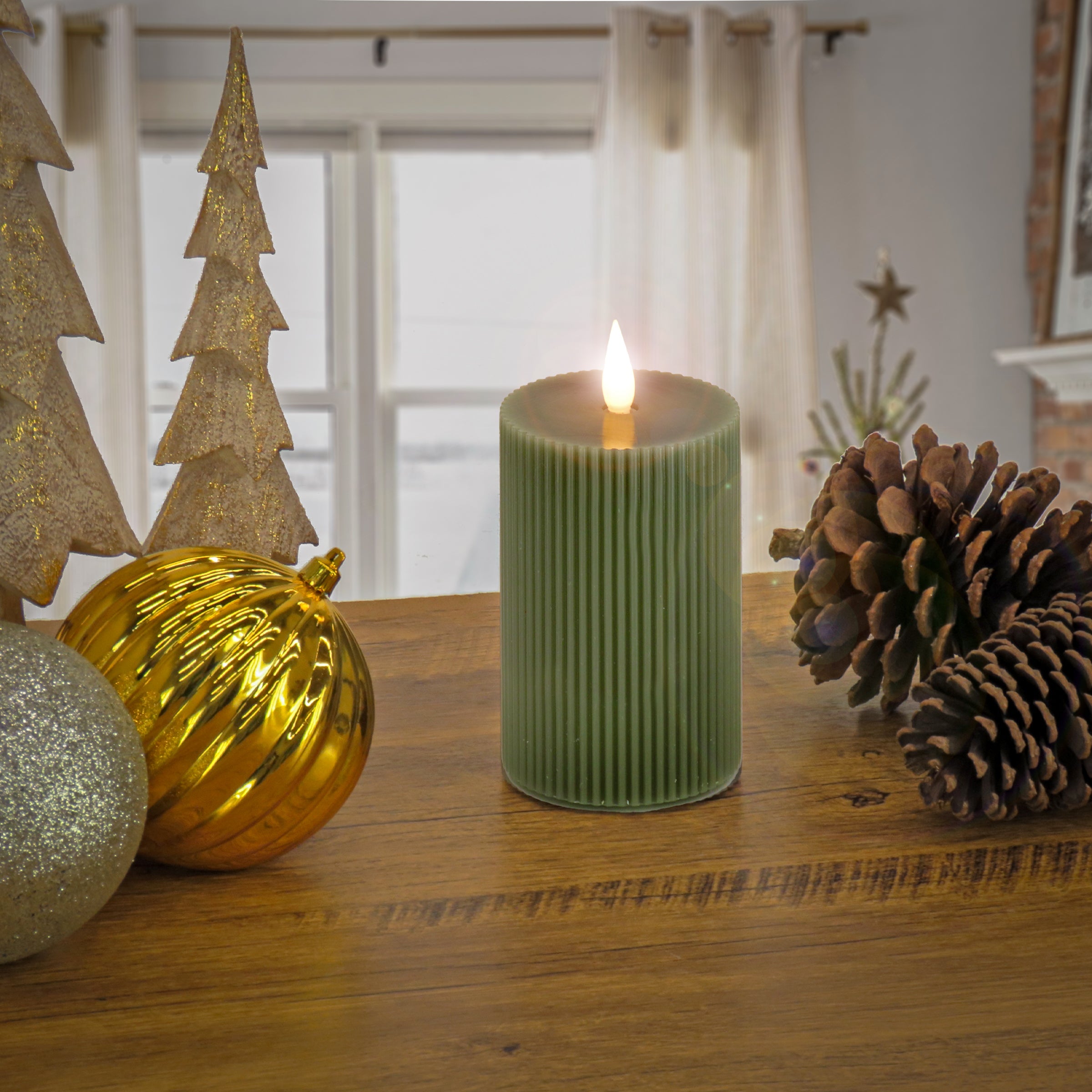 3 in. by 9 in. HGTV Home Collection Flameless Georgetown Pillar Candle, Dk Green