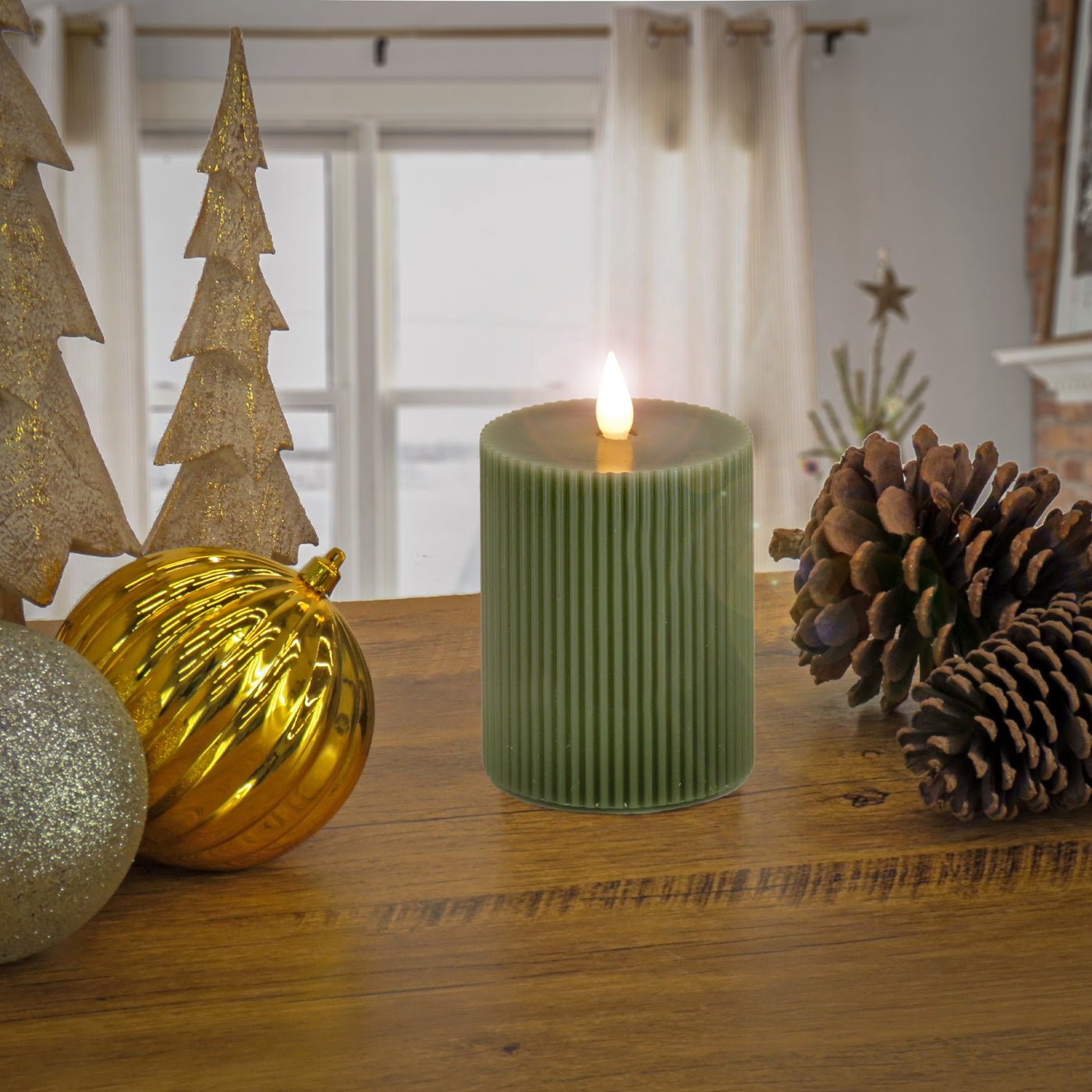 5 in. by 7 in. HGTV Home Collection Flameless Georgetown Pillar Candle, Dk Green