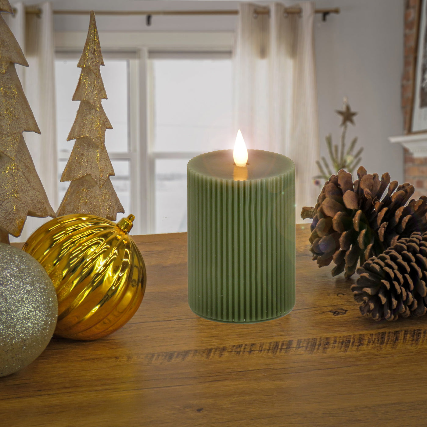 5 in. by 9  in. HGTV Home Collection Flameless Georgetown Pillar Candle, Dk Green