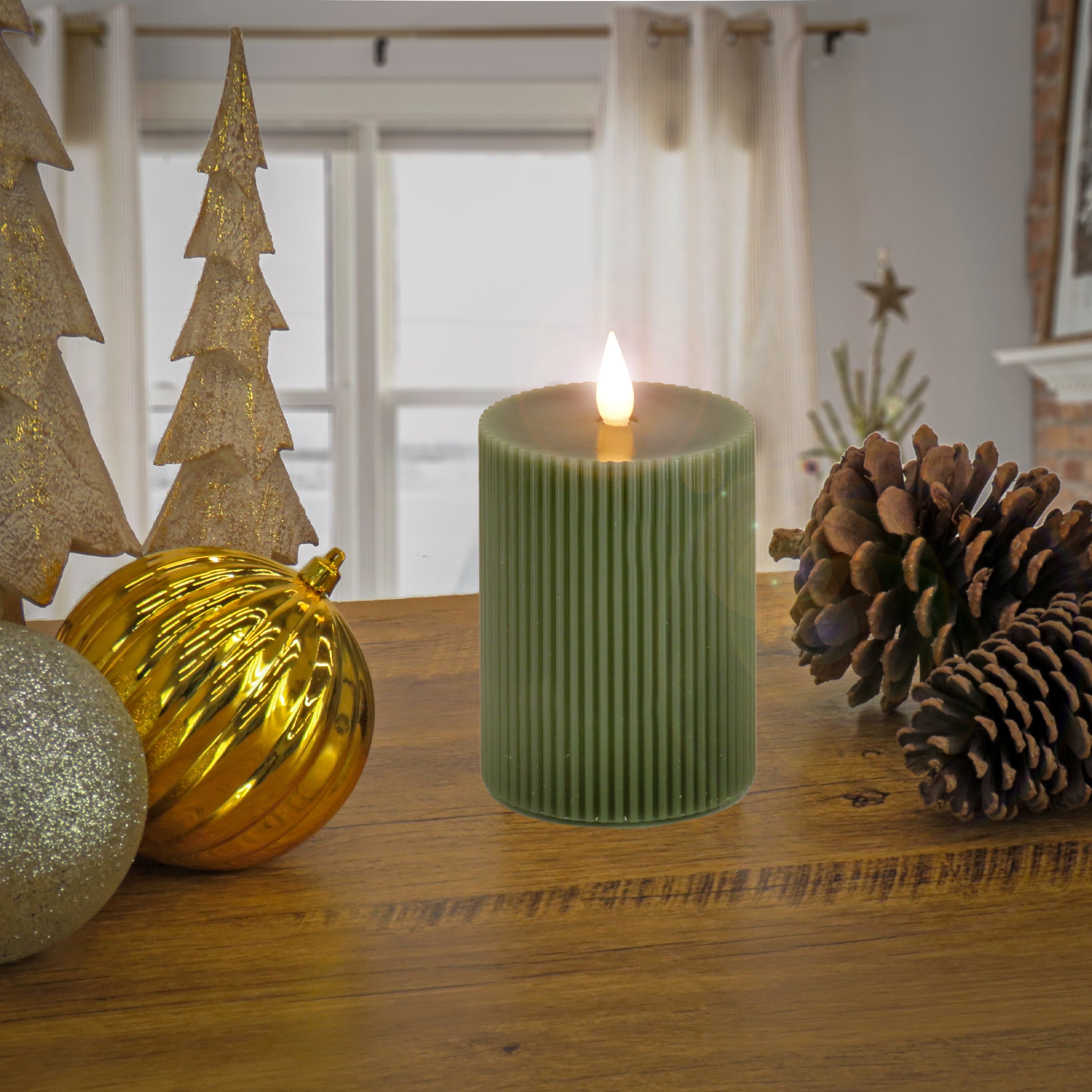 5 in. by 9  in. HGTV Home Collection Flameless Georgetown Pillar Candle, Dk Green