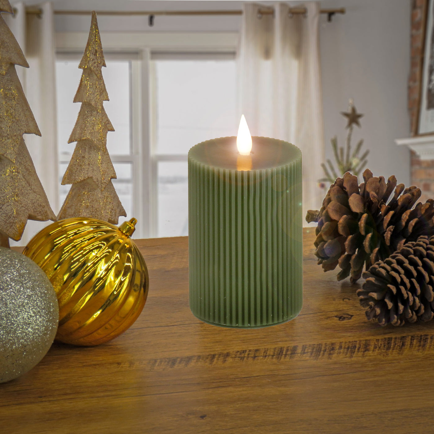 5 in. by 11 in. HGTV Home Collection Flameless Georgetown Pillar Candle, Dk Green