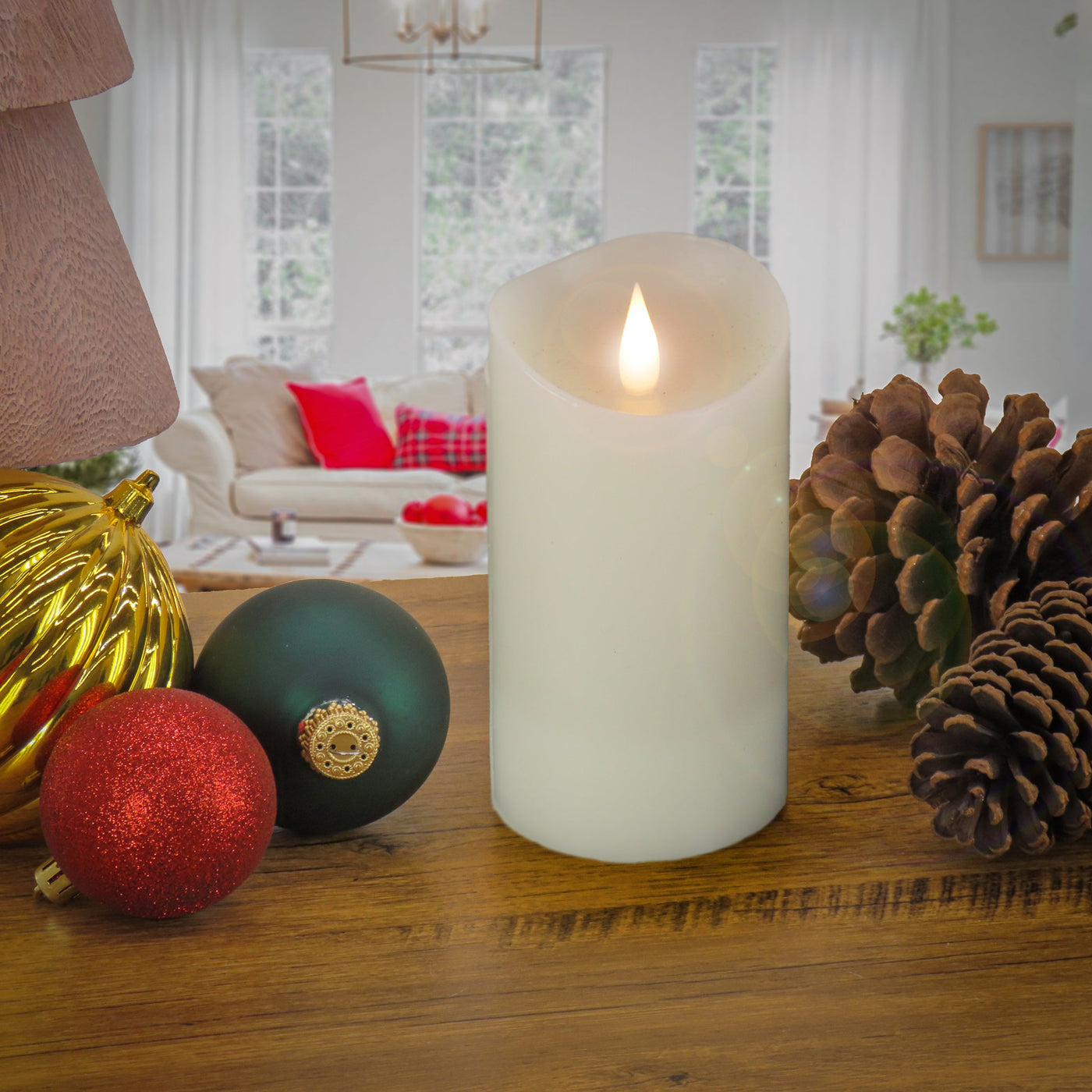 3 in. by 7 in. HGTV Home Collection Flameless Heritage Pillar Candle, Ivory