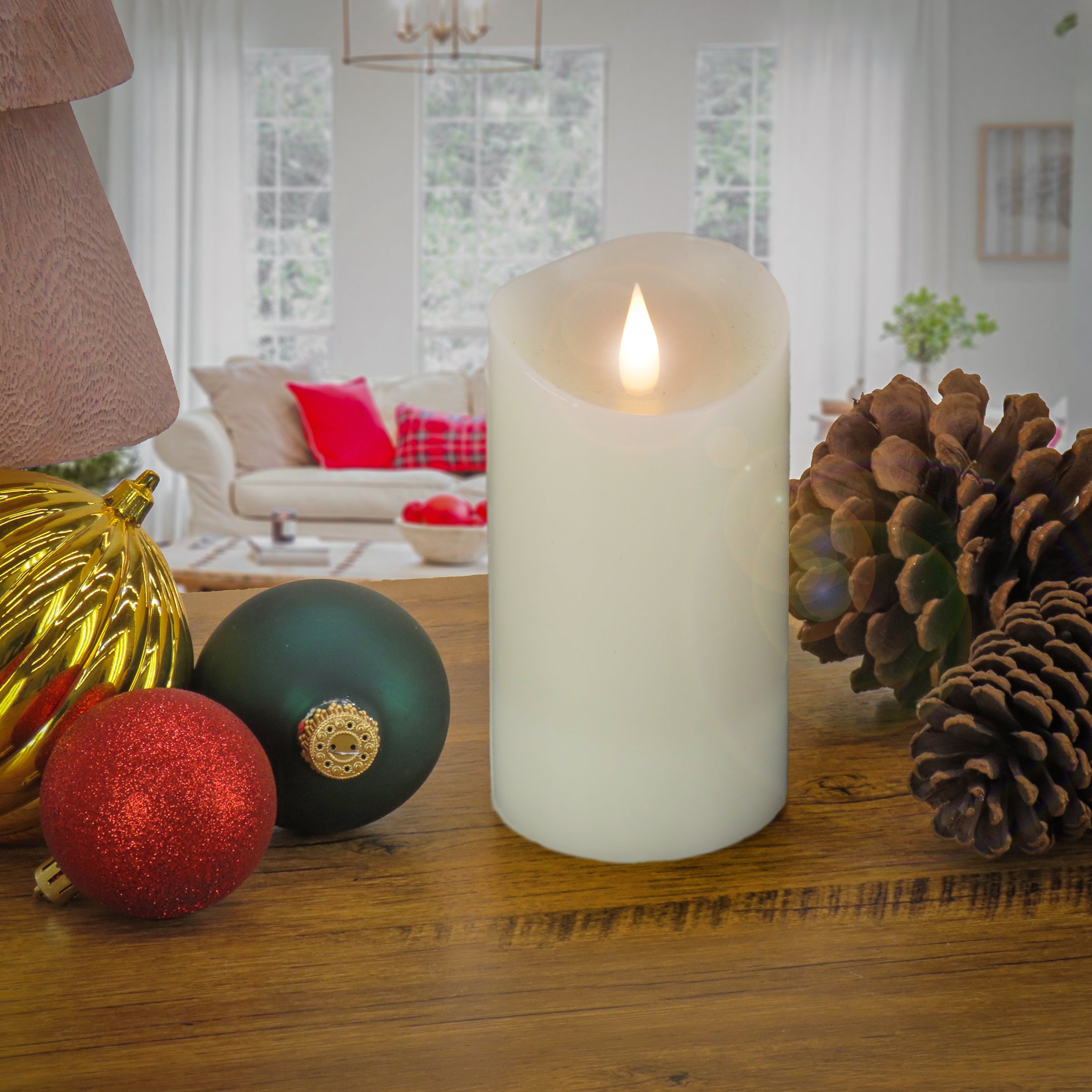 3 in. by 7 in. HGTV Home Collection Flameless Heritage Pillar Candle, Ivory