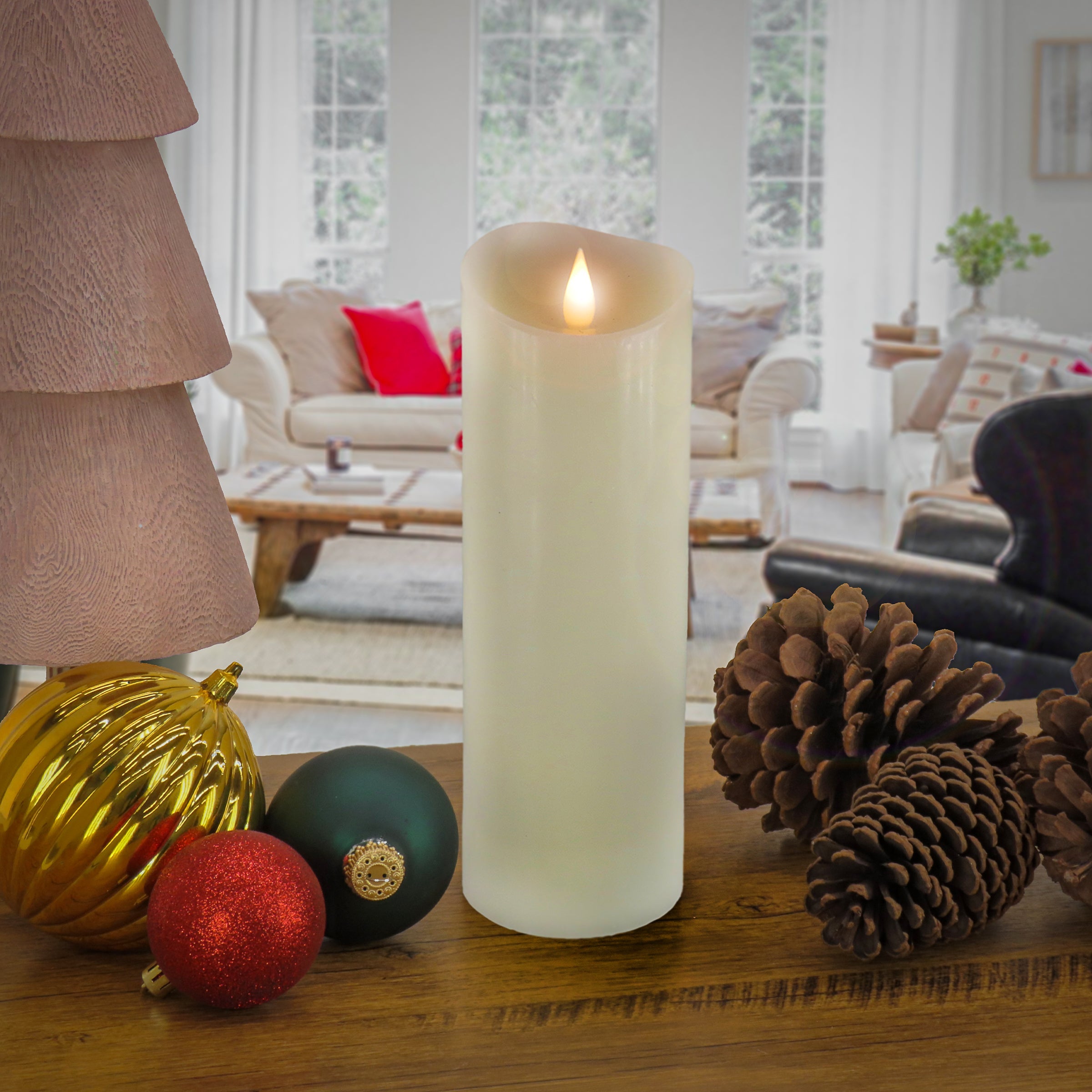 3 in. by 9 in. HGTV Home Collection Flameless Heritage Pillar Candle, Ivory