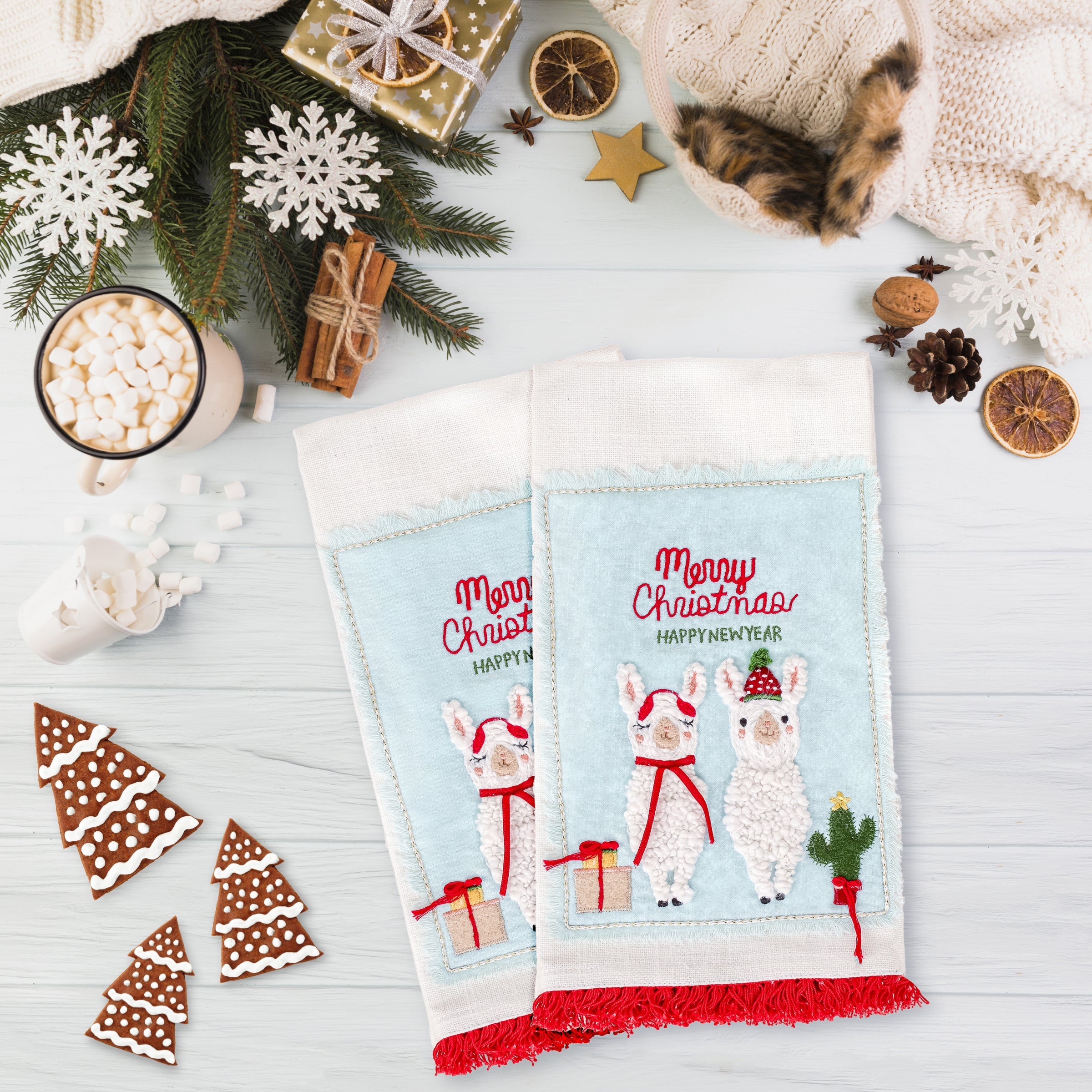 18 in. HGTV Home Collection Merry Christmas Llamas Guest Towel Pair