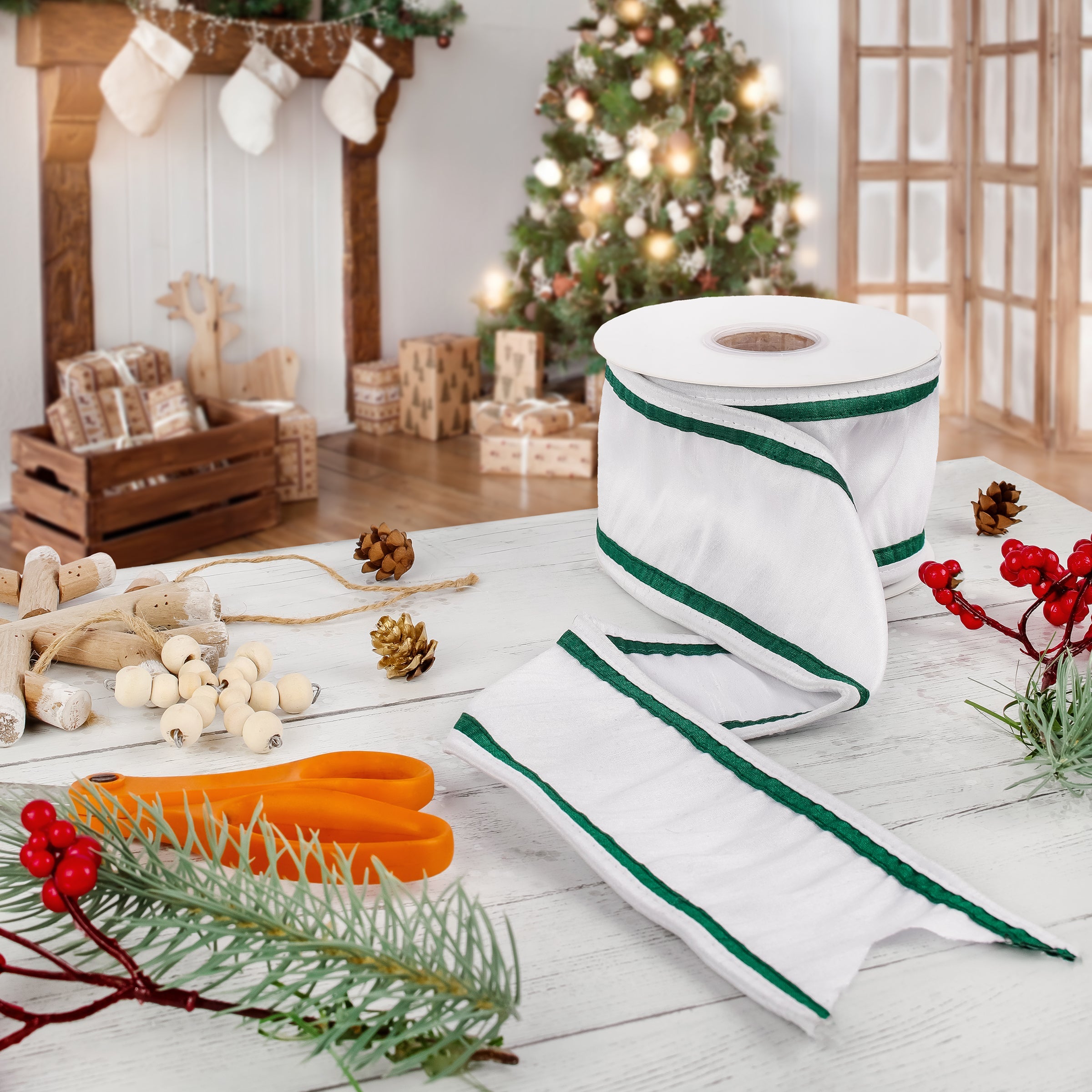 3 in. HGTV Home Collection Dupioni Double-Sided Ribbon, White & Green