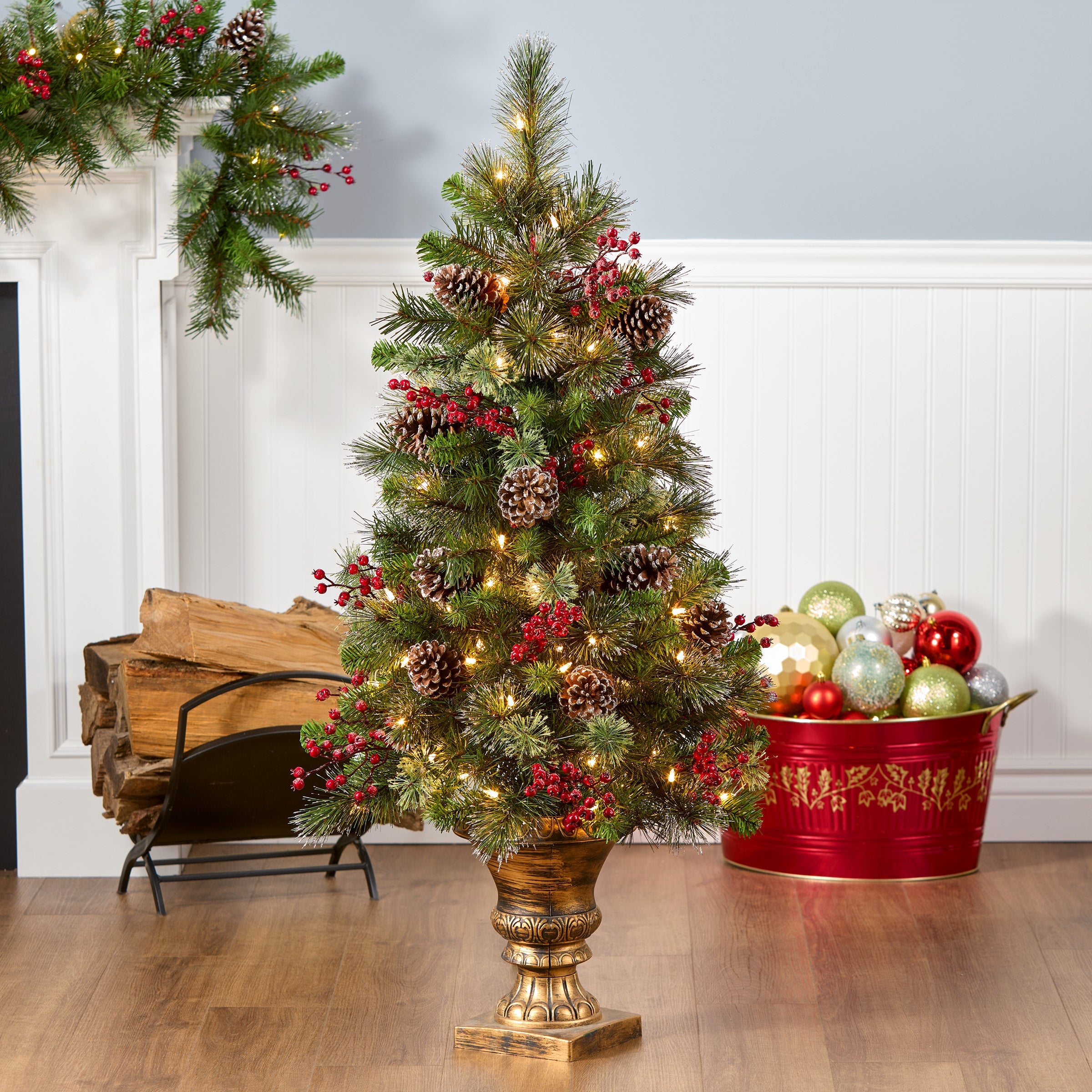 4 ft. Pre-Lit Iced Berry Pine Entrance Tree with Clear Lights
