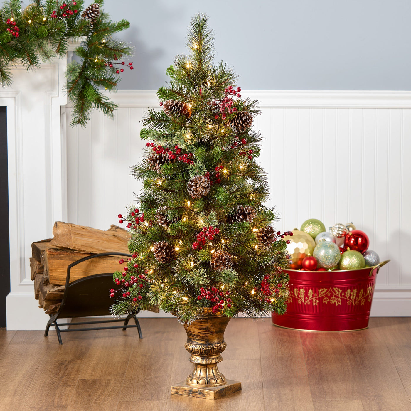 4 ft. Pre-Lit Iced Berry Pine Entrance Tree with Clear Lights