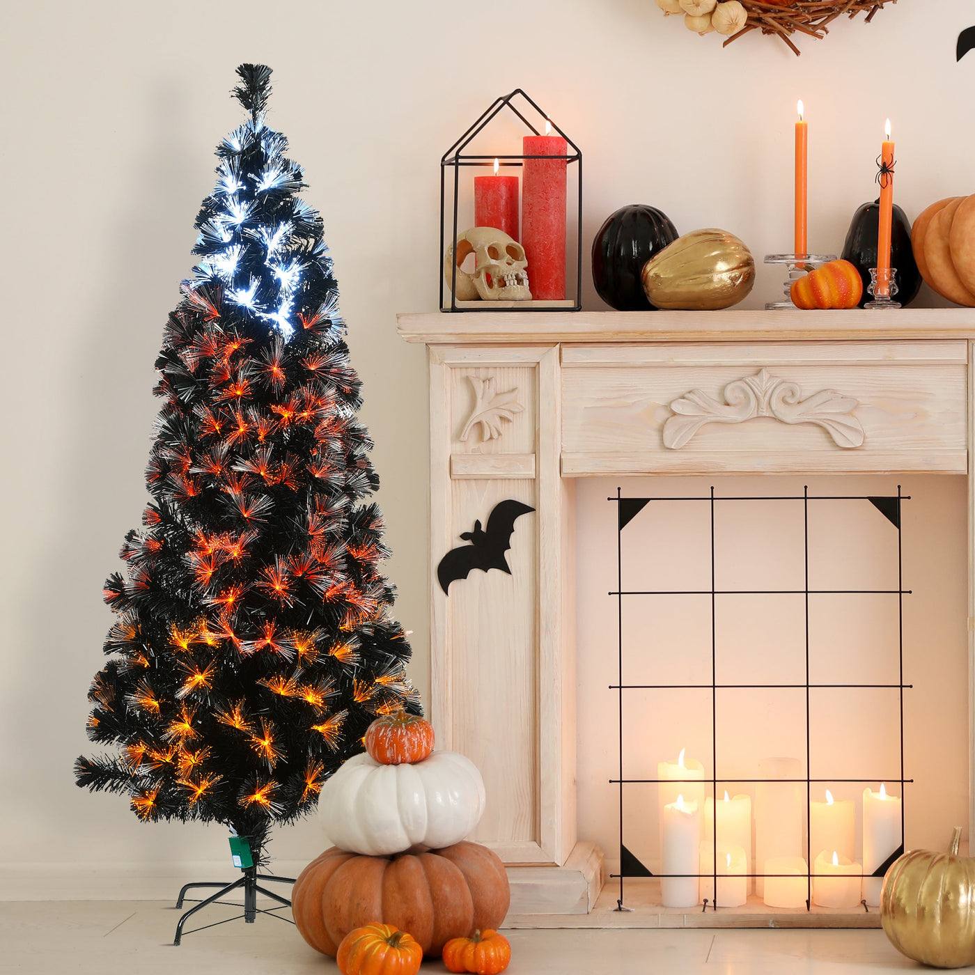 6 ft. Halloween Pre-Lit Black Tree with Fiber Optic, Candy Corn LED Lights