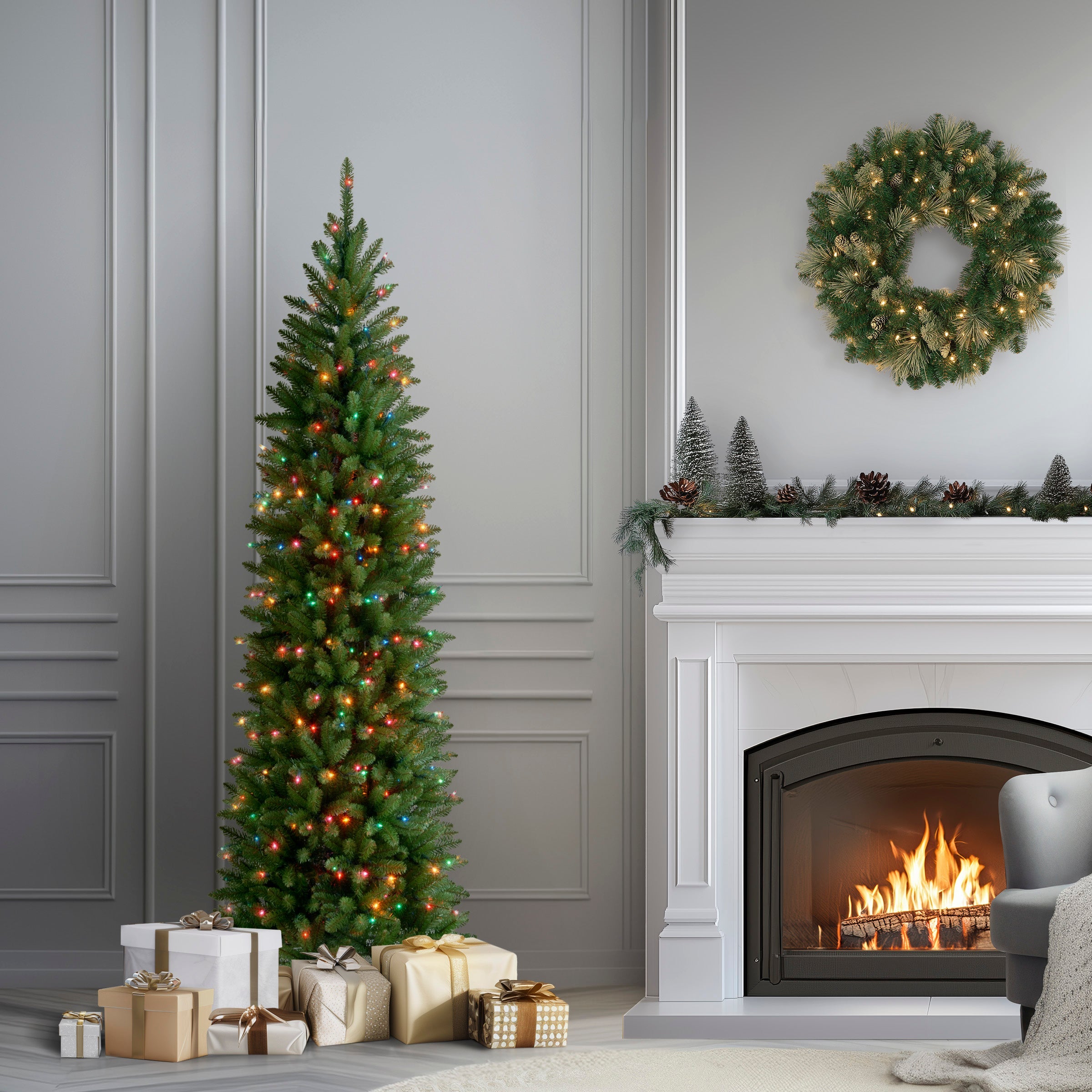 6.5 ft. Pre-Lit Kingswood Fir Pencil Tree with Multicolor Lights