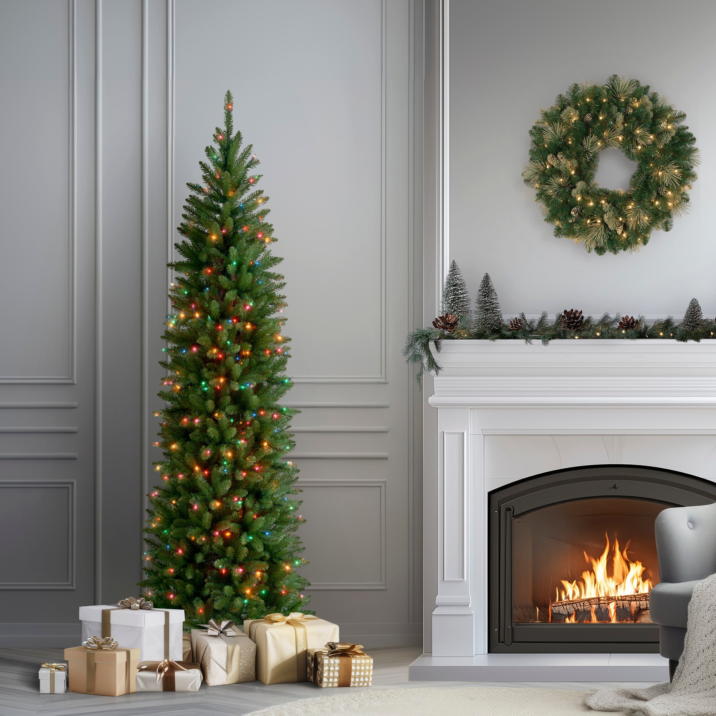 7 ft. Pre-Lit Kingswood Fir Pencil Tree with Multicolor Lights