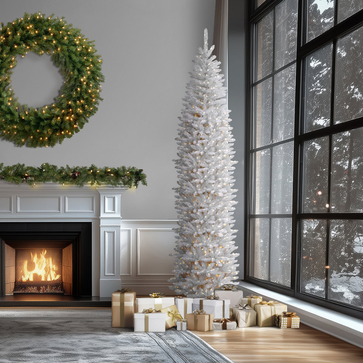 12 ft.Pre-Lit Kingswood Fir White Pencil Slim Tree with Clear Lights