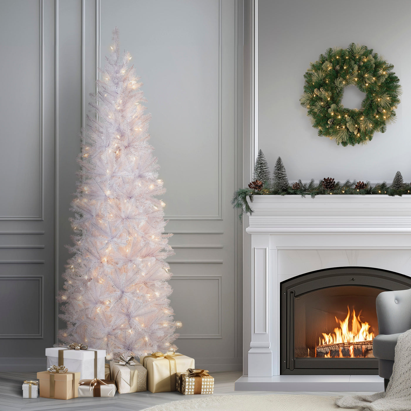 7 ft. Pre-Lit Kingswood Fir White Pencil Tree with Clear Lights