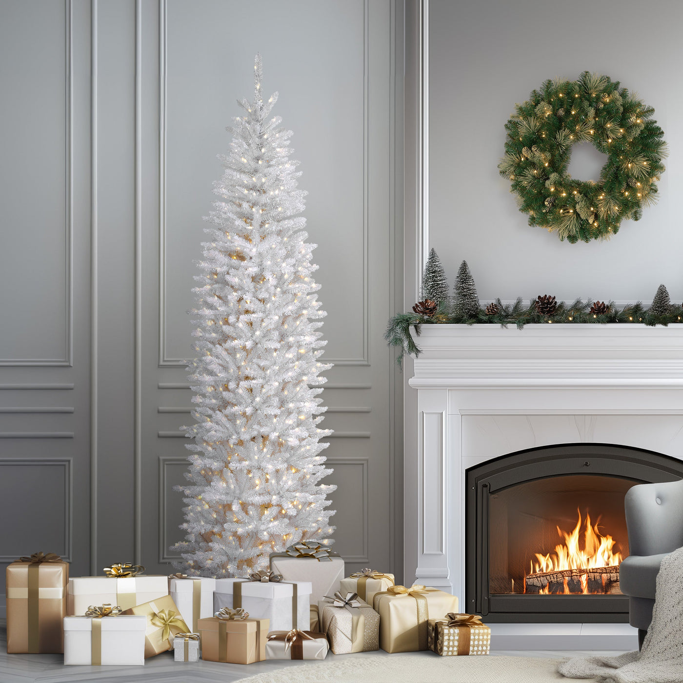 7.5 ft. Pre-Lit Kingswood Fir White Pencil Tree with Clear Lights