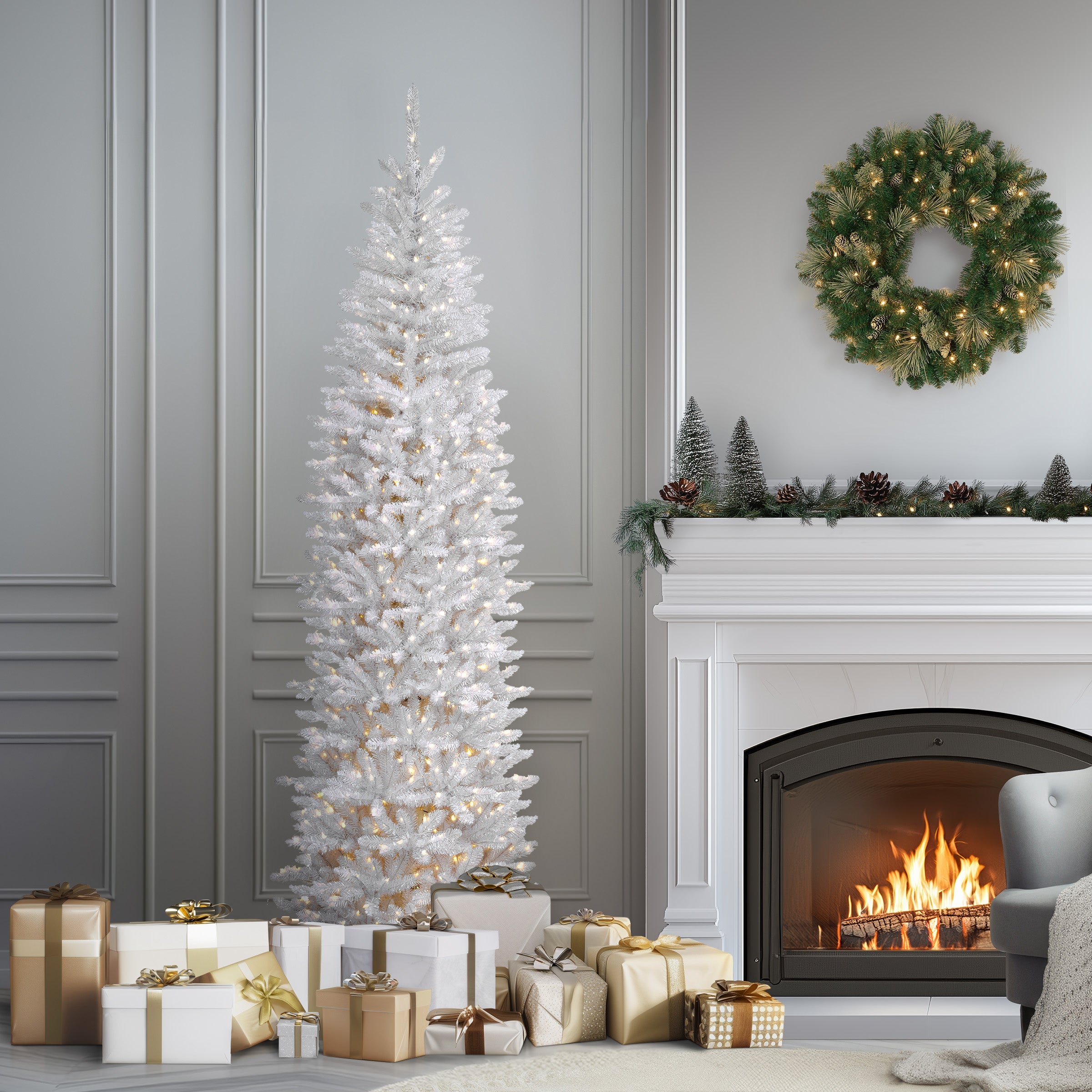 7.5 ft. Pre-Lit Kingswood Fir White Pencil Tree with Clear Lights