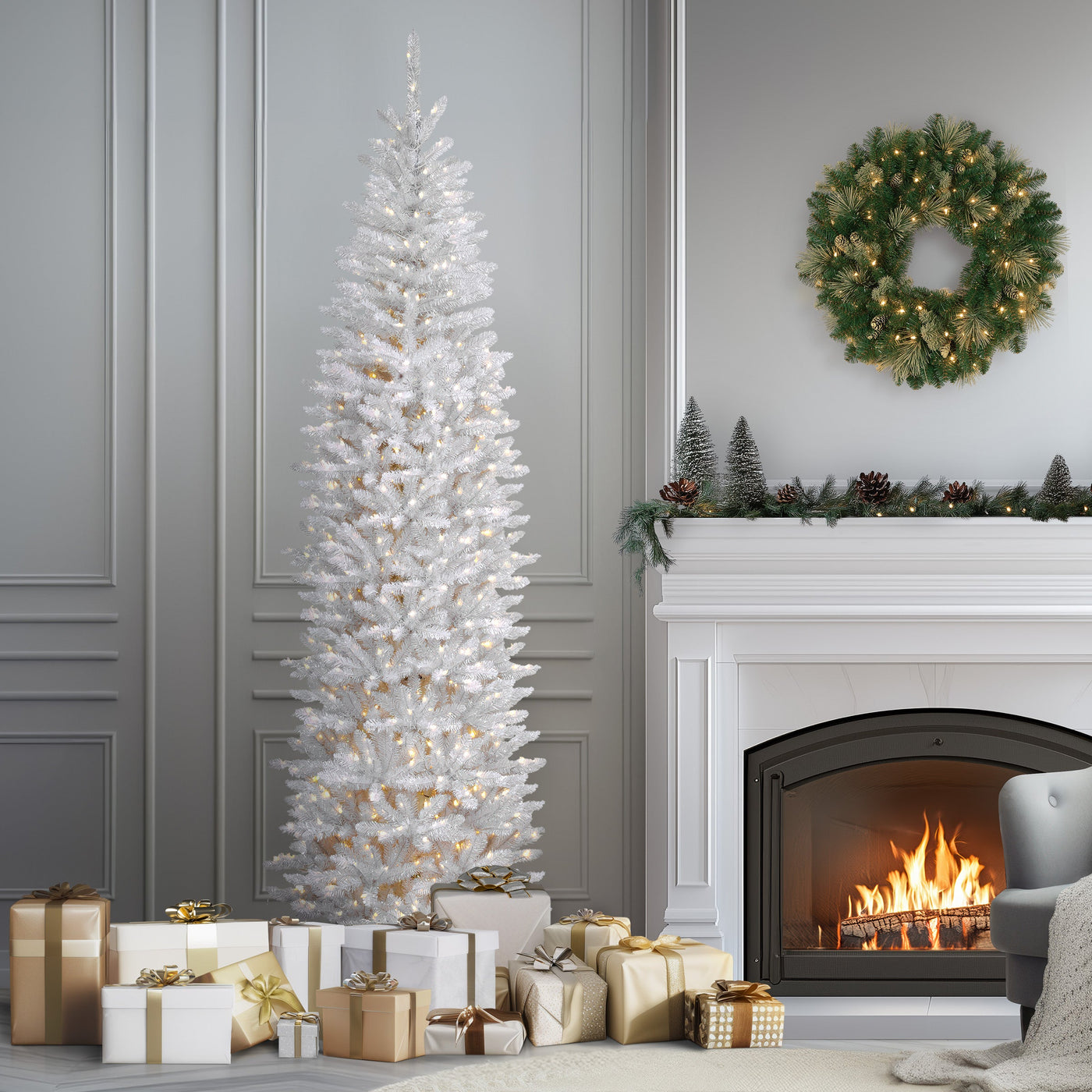 9 ft. Pre-Lit Kingswood Fir White Pencil Tree with Clear Lights