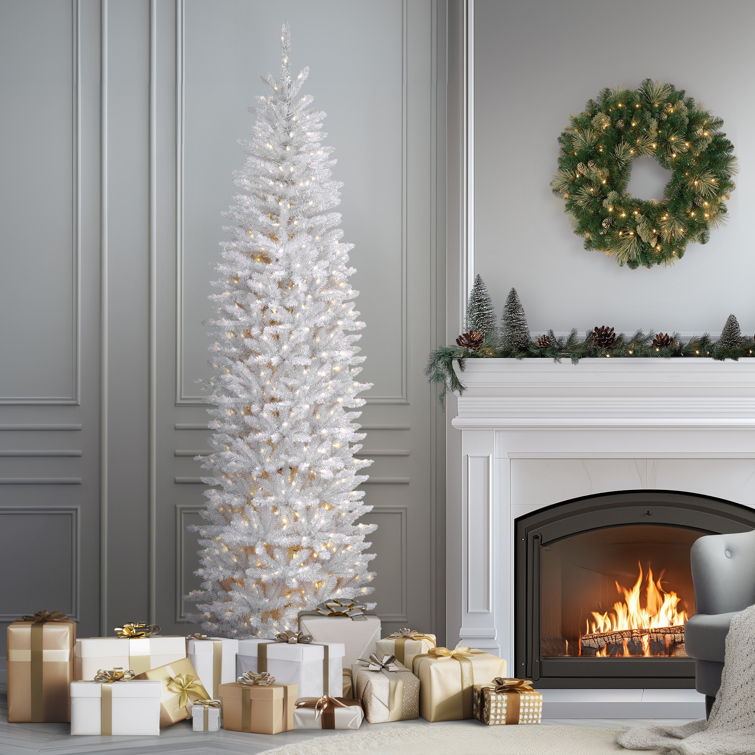 9 ft. Pre-Lit Kingswood Fir White Pencil Tree with Clear Lights