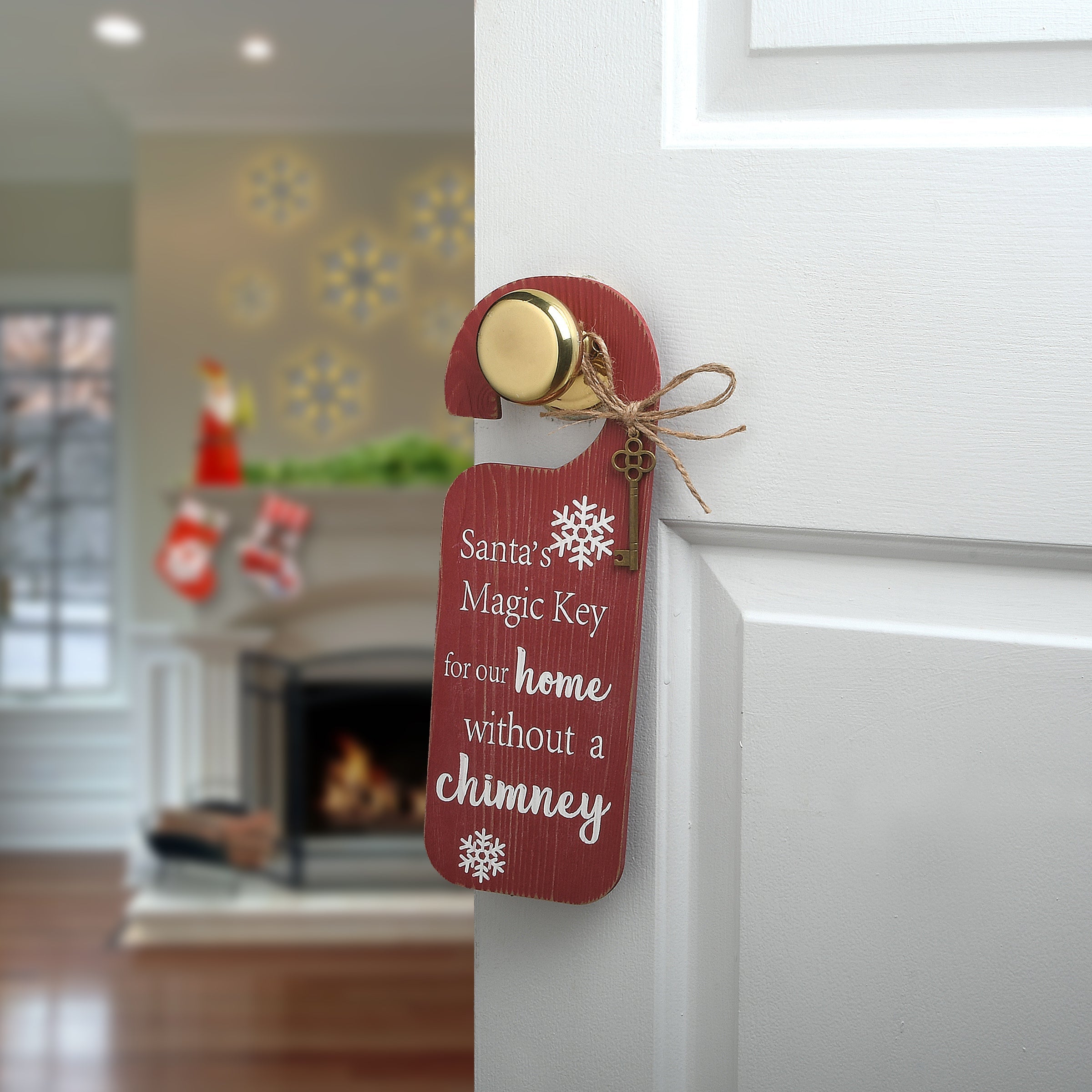 12 in. Santa's Key Doorknob Christmas Sign, Red with White Lettering and Decorative Ornate Key, Snowflakes