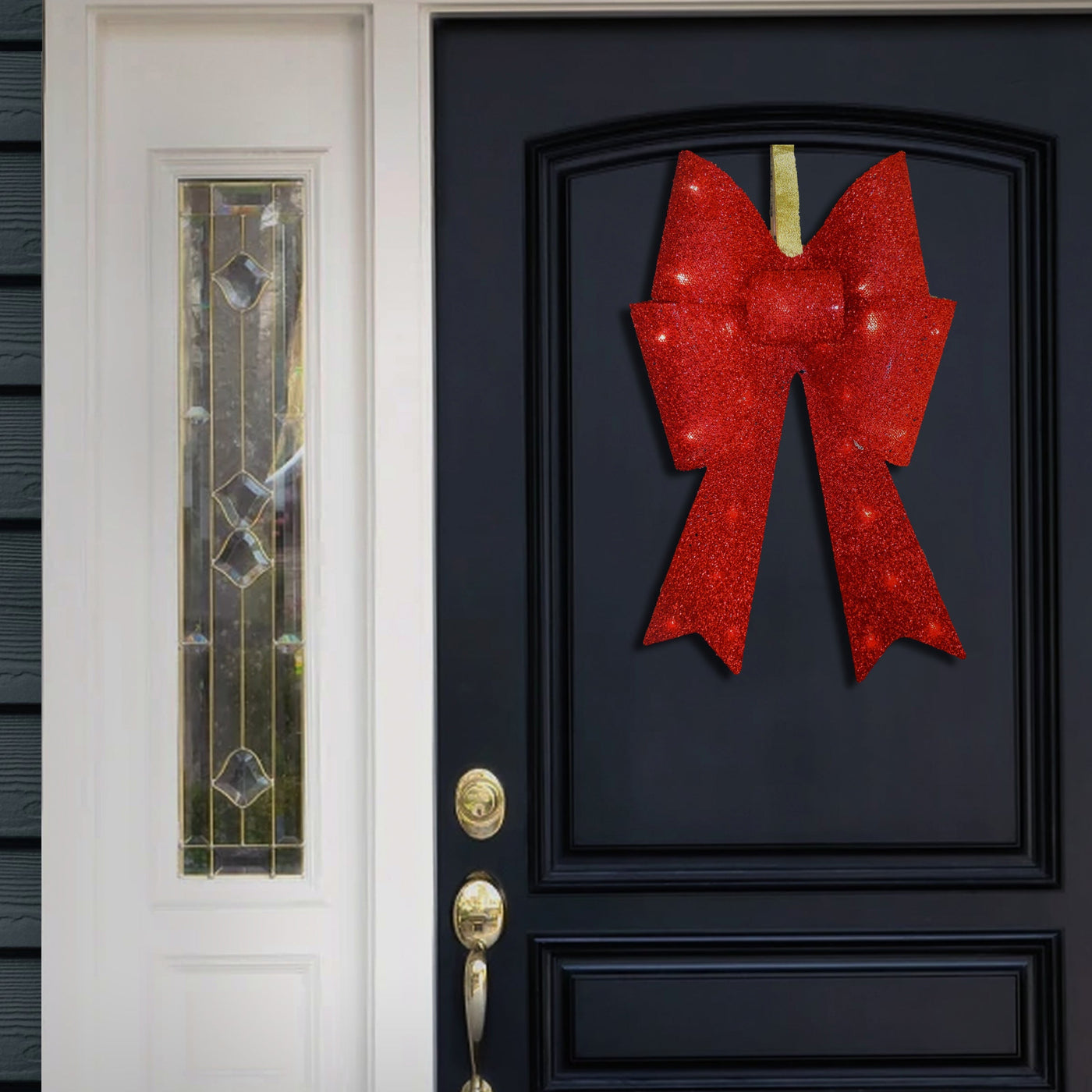 20 in. Pre-Lit Red Fabric Bow with Battery Operated LED Lights