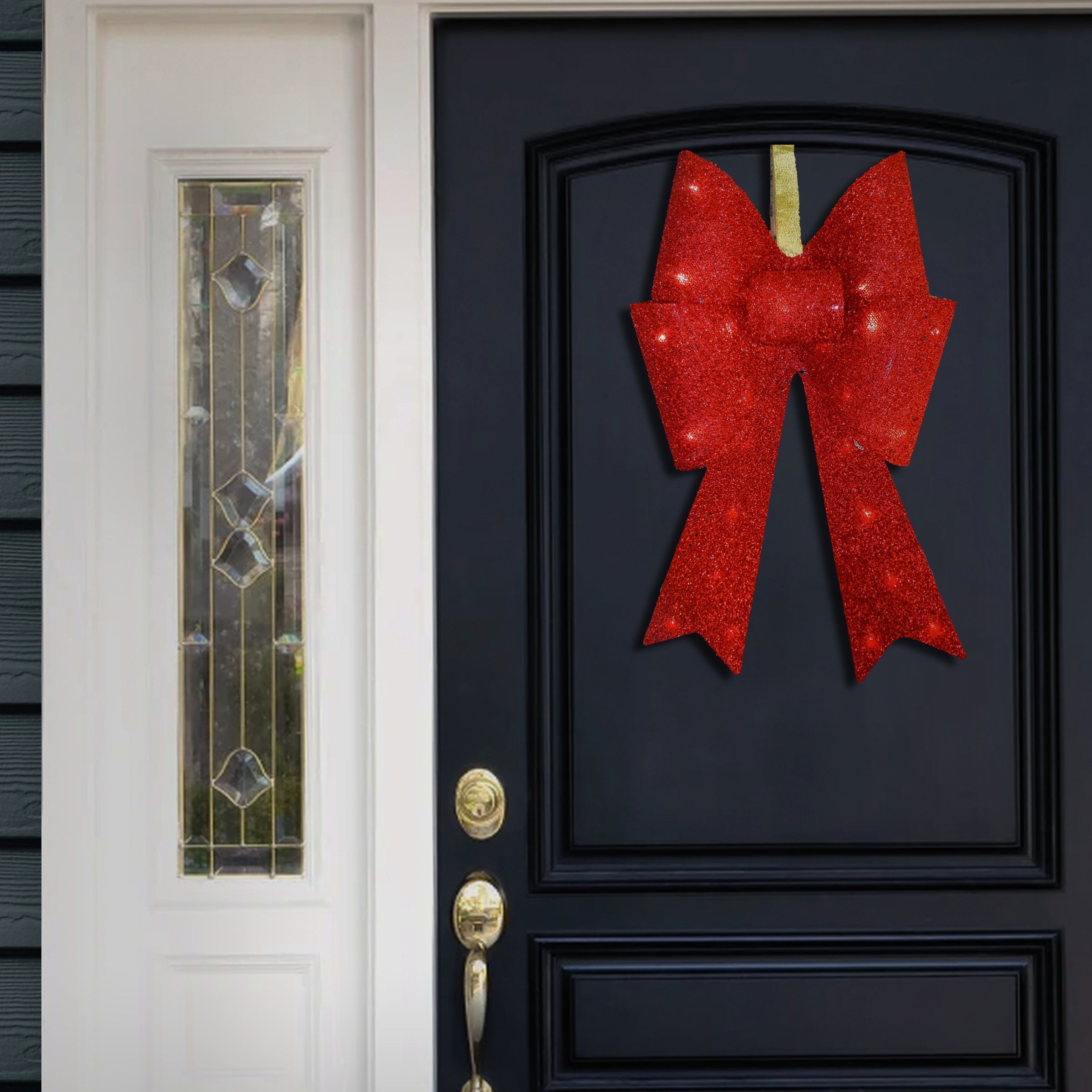 20 in. Pre-Lit Red Fabric Bow with Battery Operated LED Lights