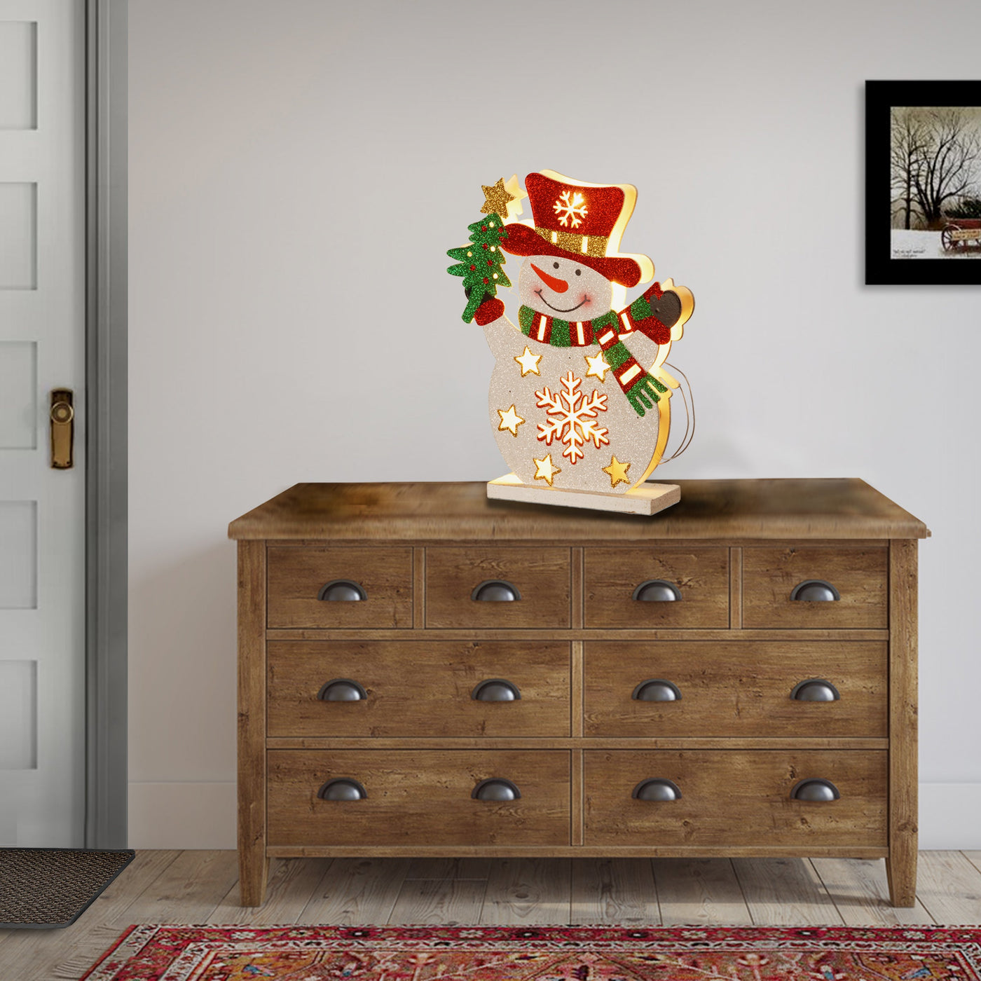 12 in. Pre-Lit Wooden Snowman