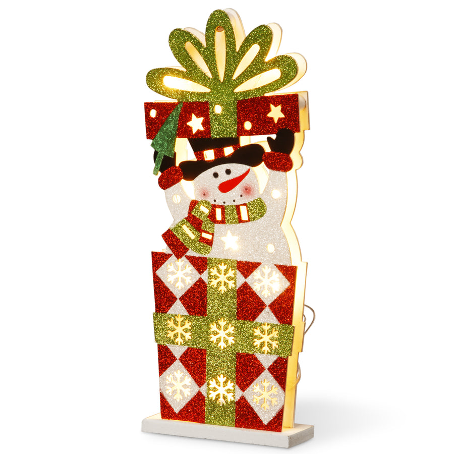 Pre-Lit 17" Wooden Gift Box Snowman