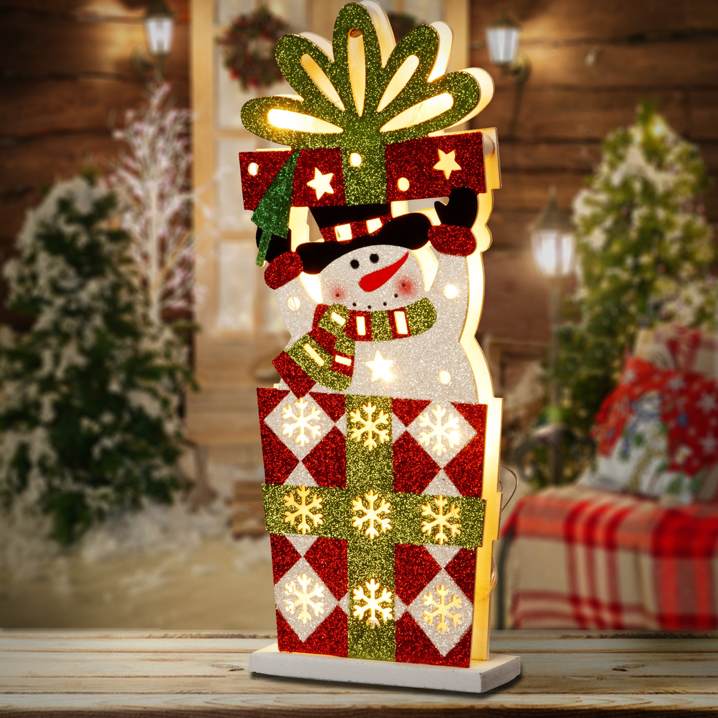 17 in. Pre-Lit Wooden Gift Box Snowman
