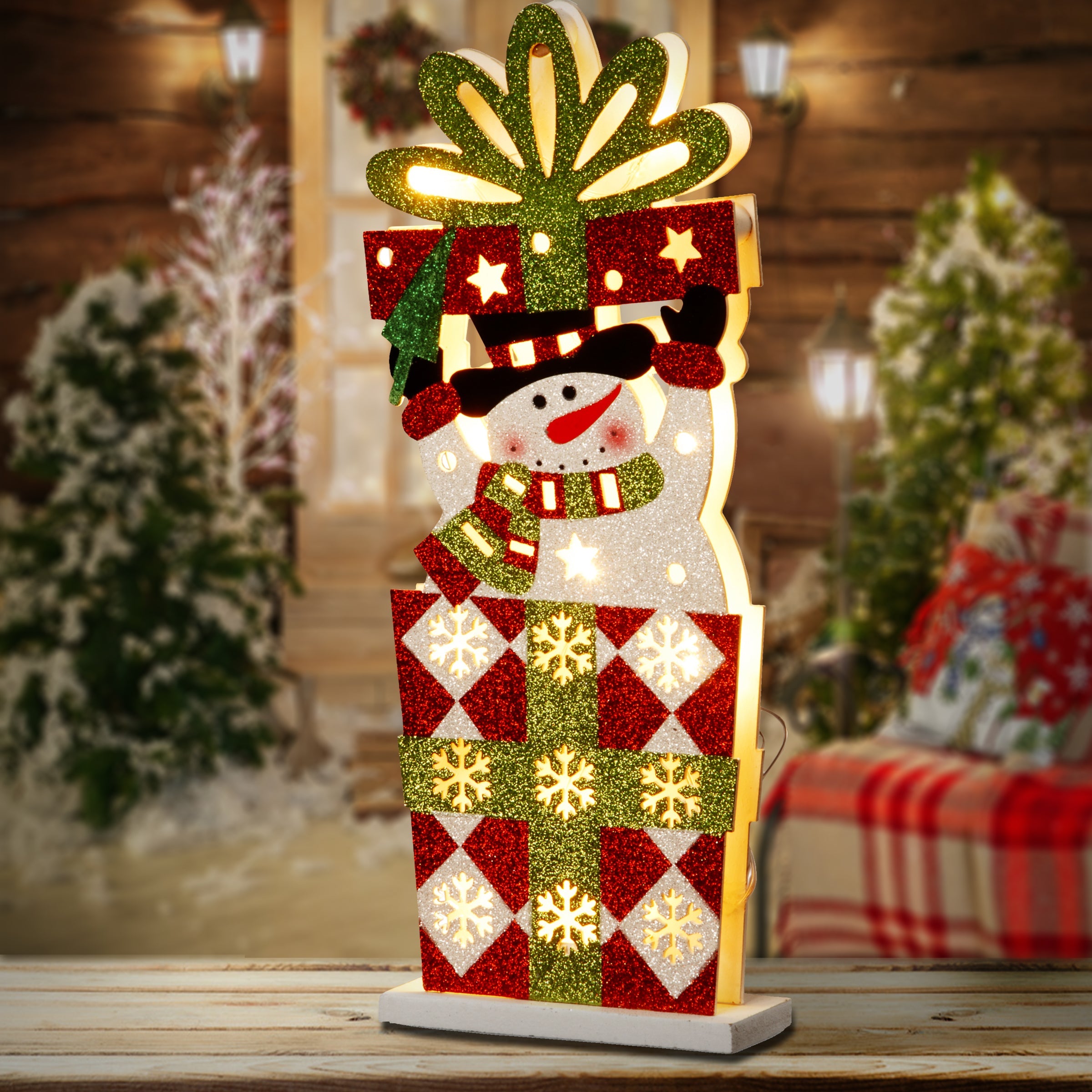 17 in. Pre-Lit Wooden Gift Box Snowman