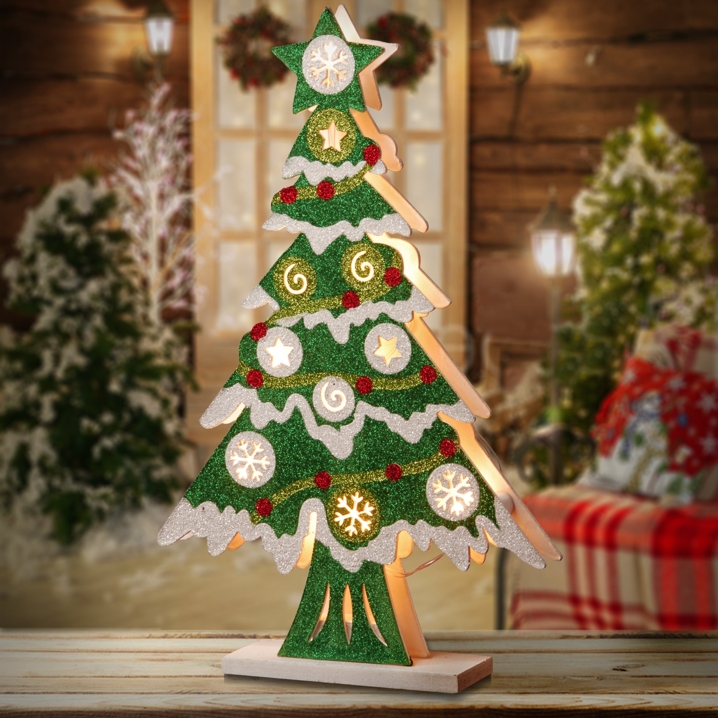 17 in. Pre-Lit Wooden Christmas Tree