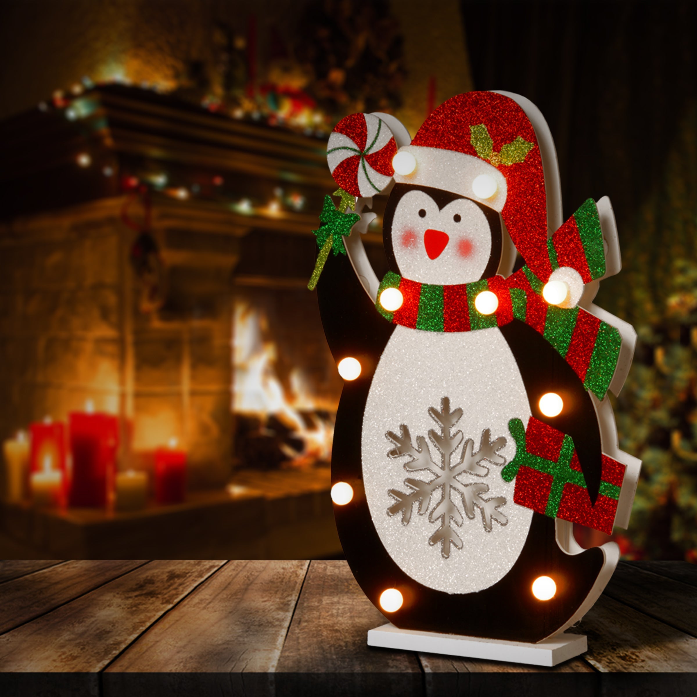 17 in. Pre-Lit Wooden Penguin