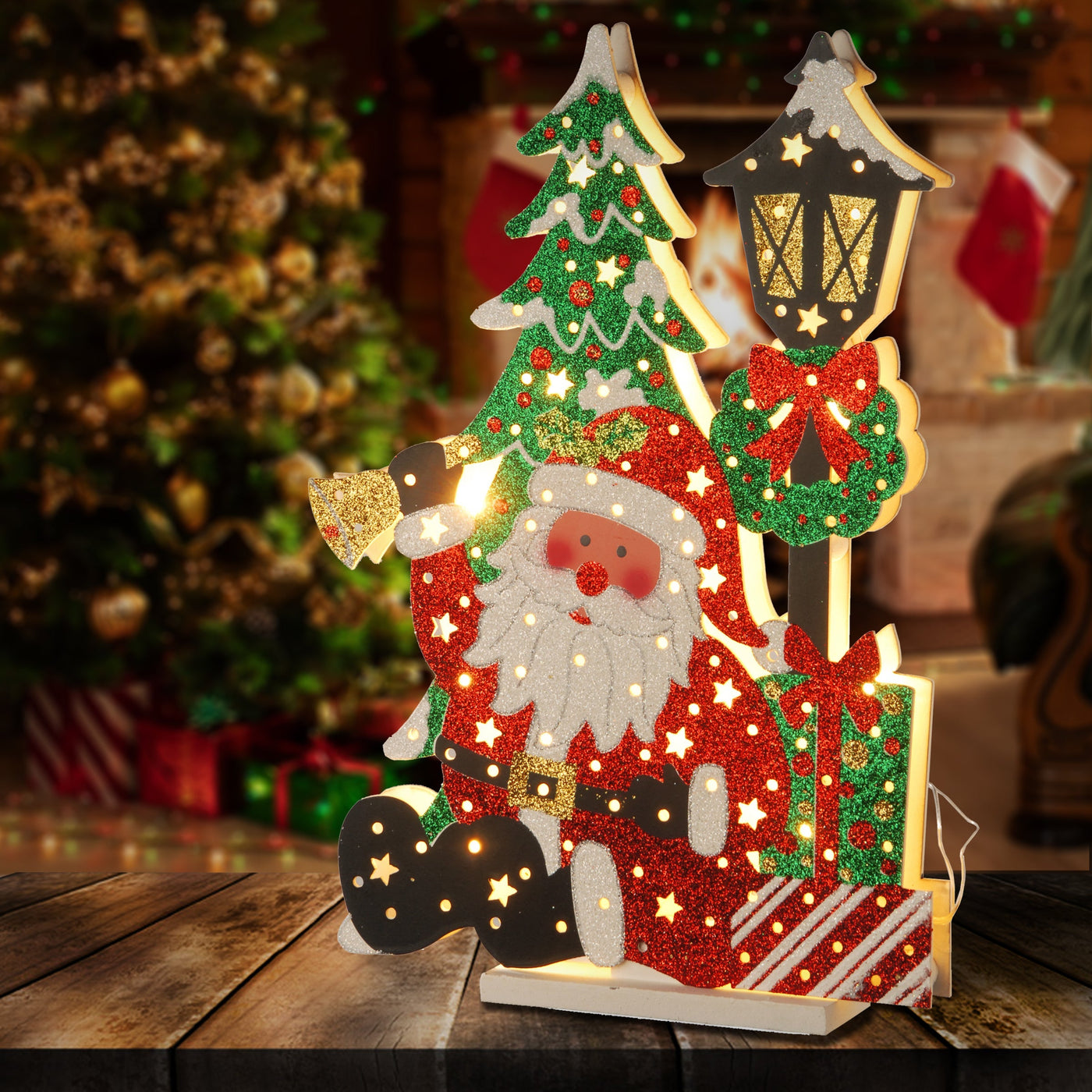 17.5 in. Pre-Lit Wooden Santa Scene