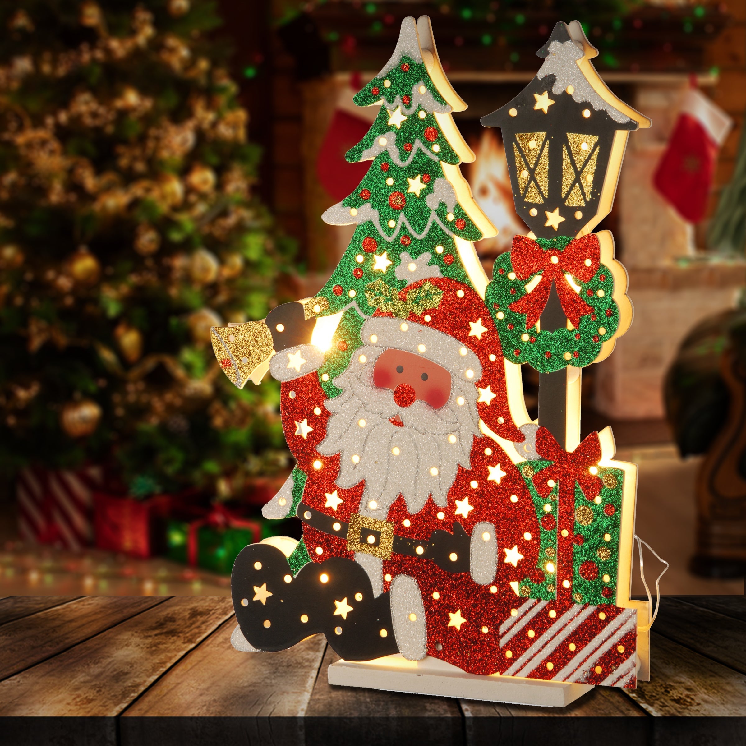 17.5 in. Pre-Lit Wooden Santa Scene