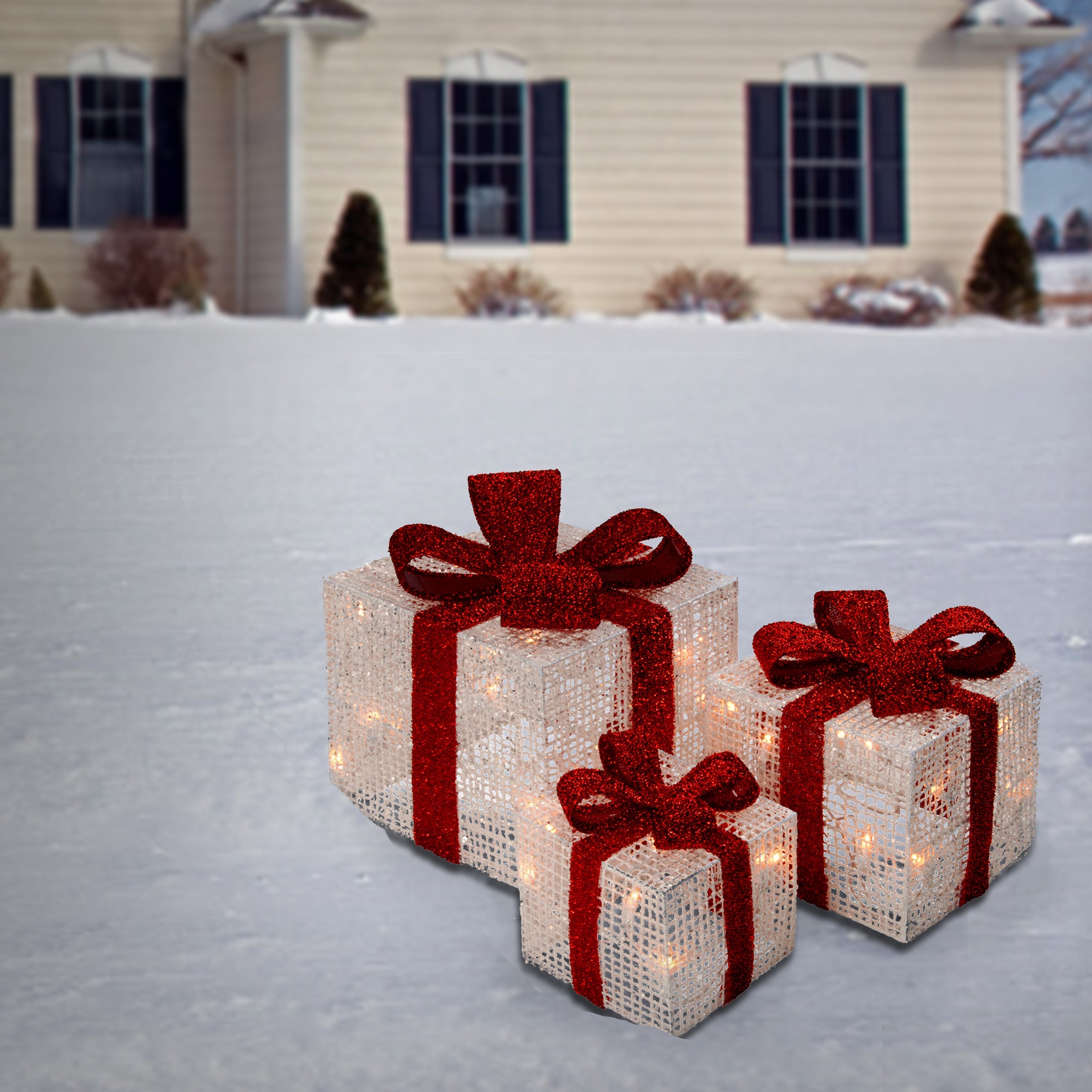Pre-Lit White Gift Boxes, Set of Three, White Lights