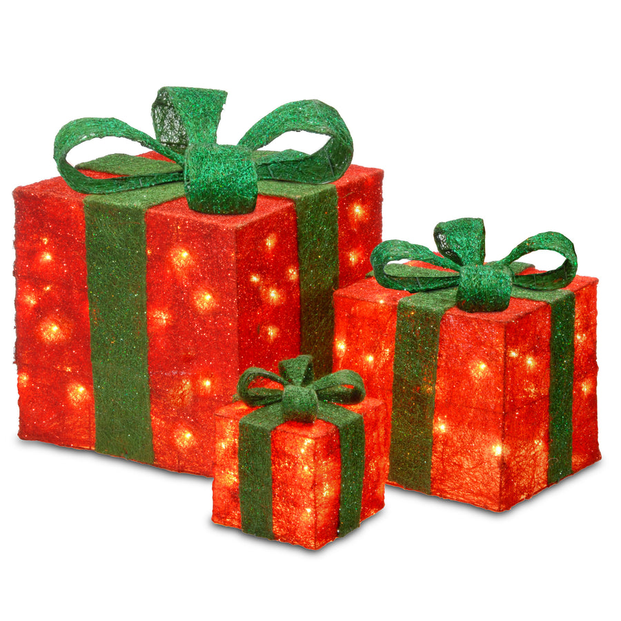 Pre-Lit Red Gift Boxes, Set of Three, White Lights, Christmas Collection