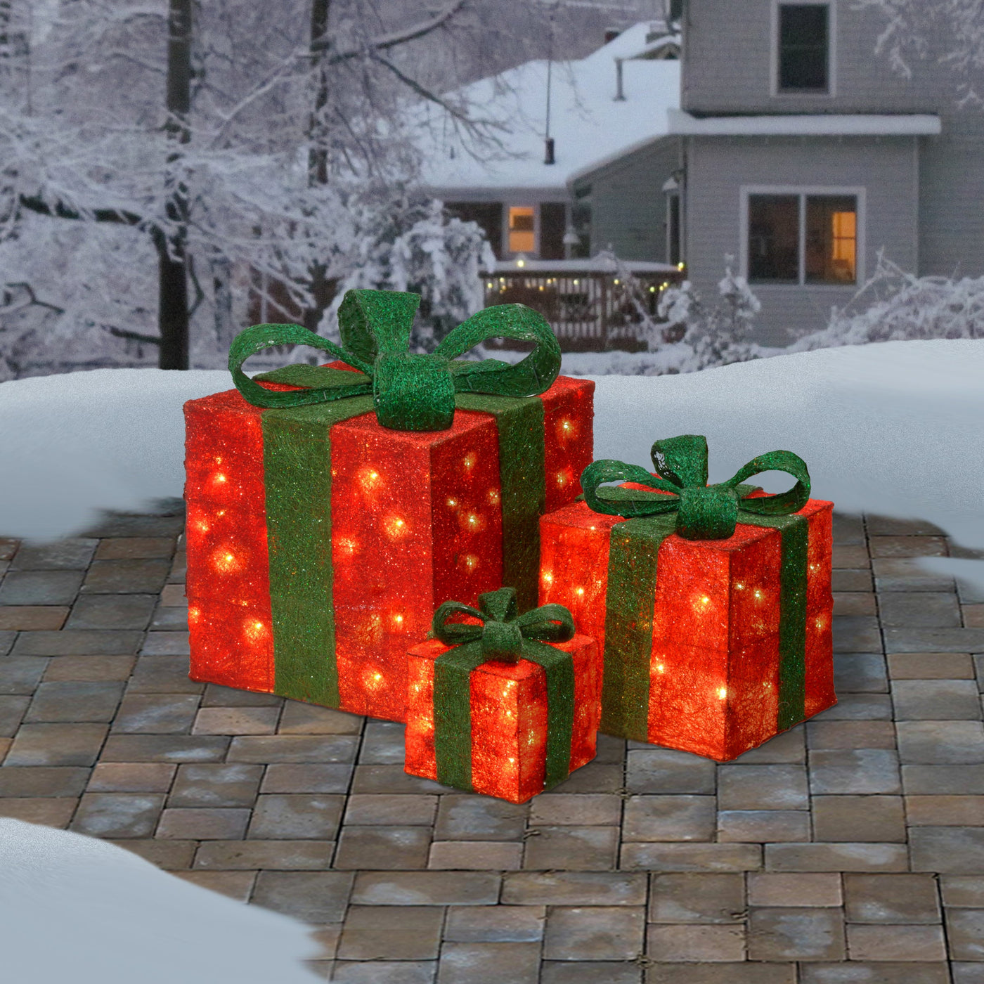Pre-Lit Red Gift Boxes, Set of Three, White Lights