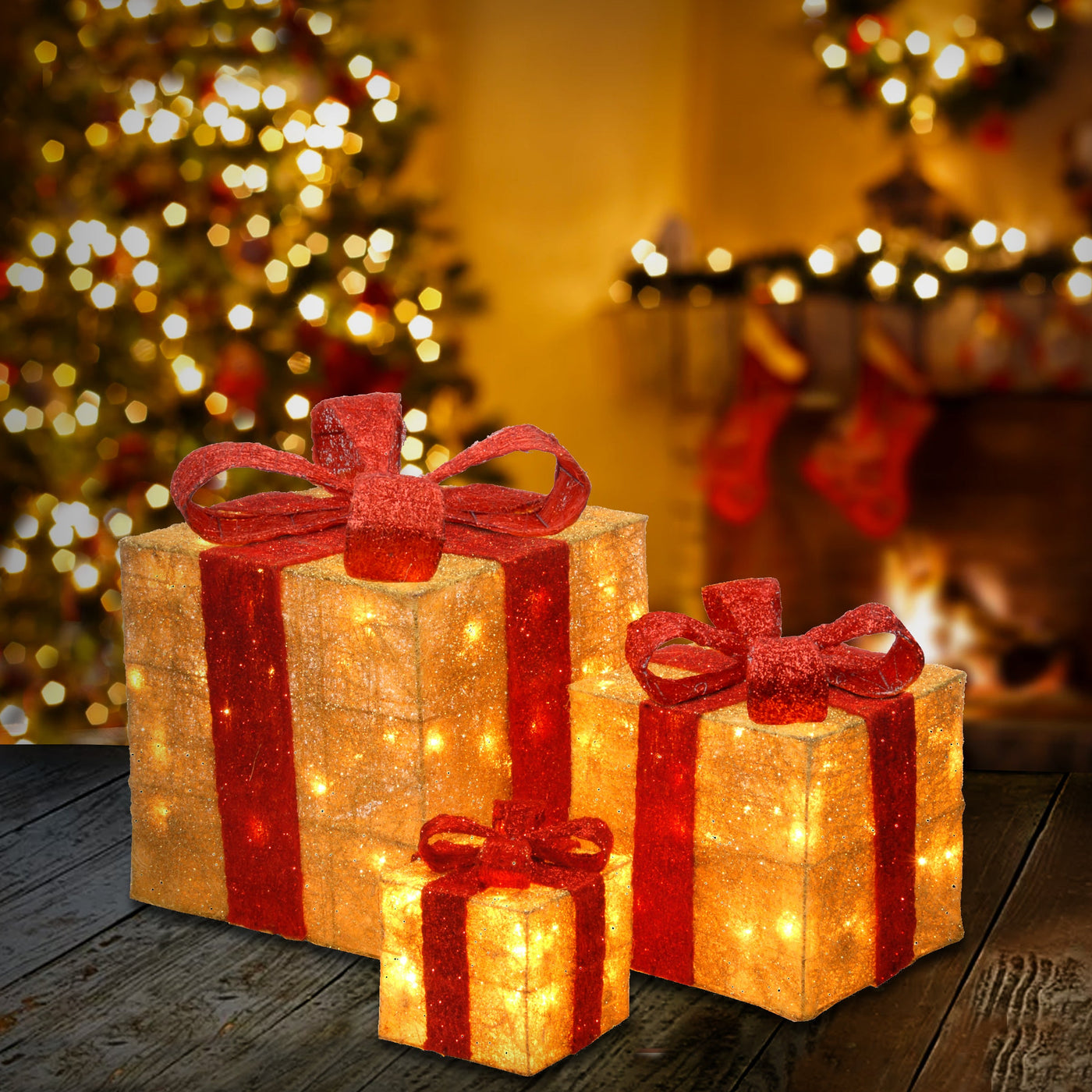 Pre-Lit Gold Gift Boxes, Set of Three, 105 White Lights
