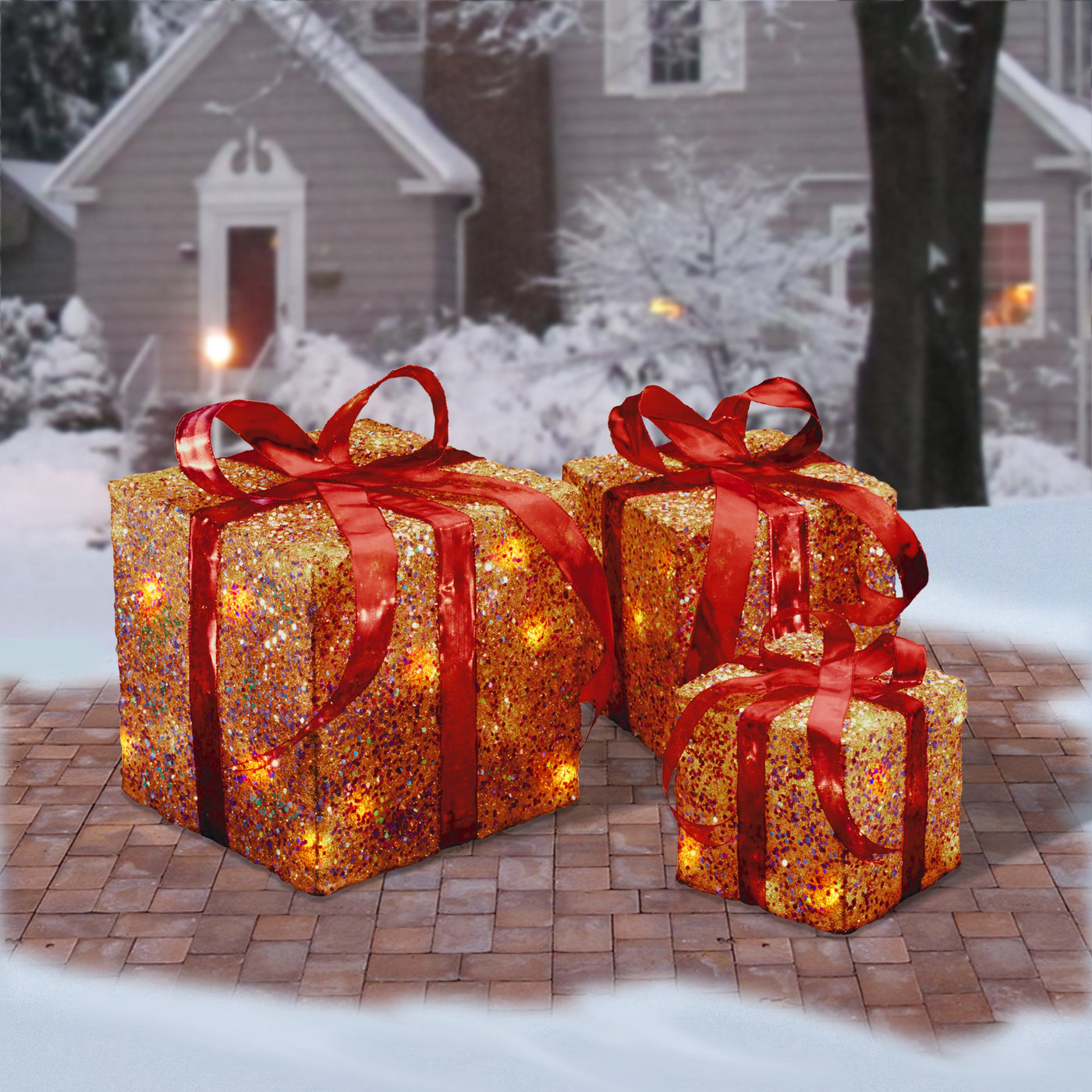 Pre-Lit Gold Gift Box with Red Bow, Set of Three, White Lights