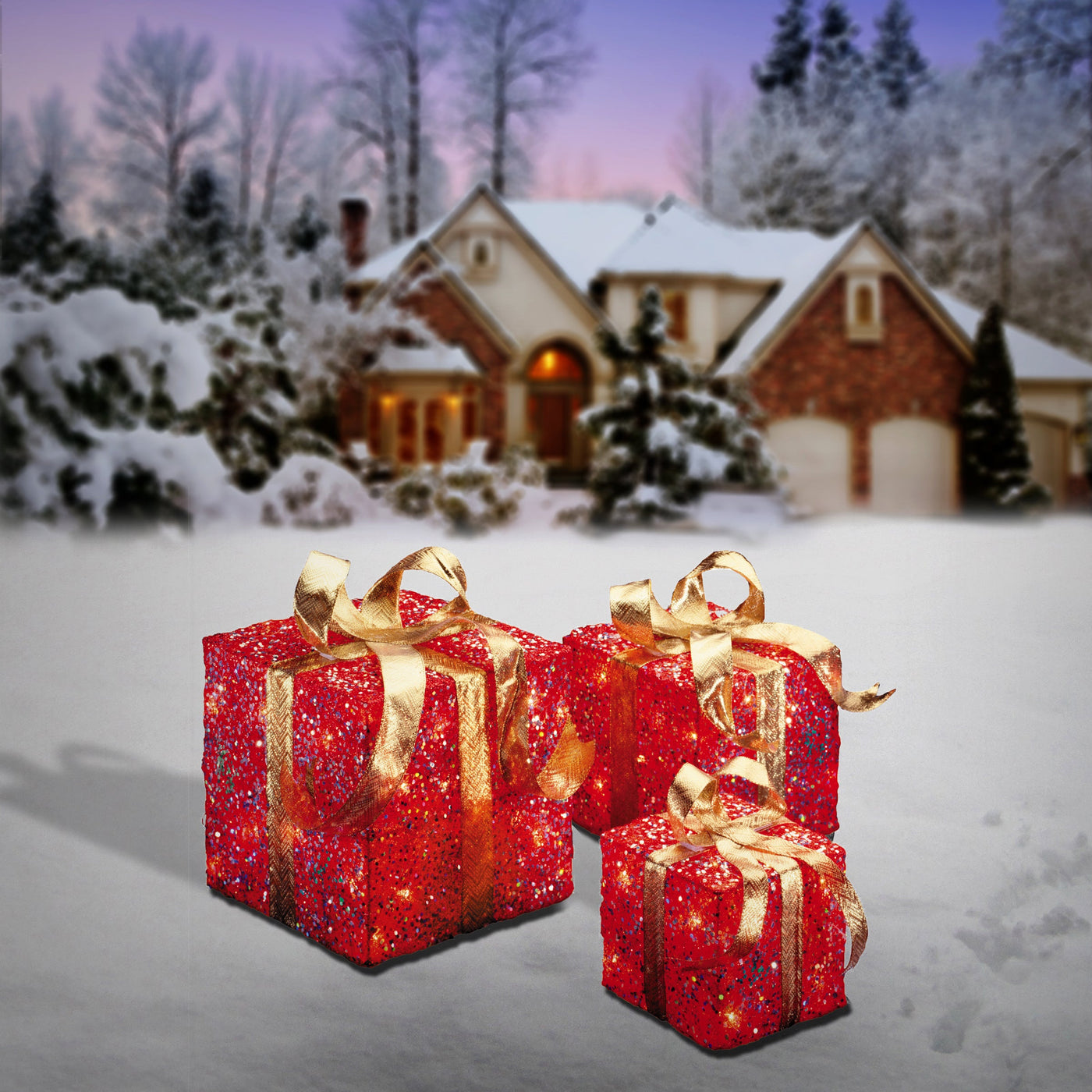 Pre-Lit Red Gift Box with Gold Bow, Set of Three, White Lights