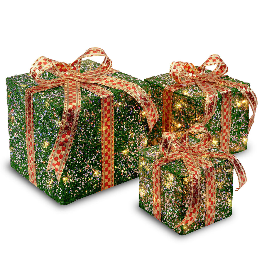 Pre-Lit Green and Gold Gift Boxes, Set of Three, White Lights, Christmas Collection