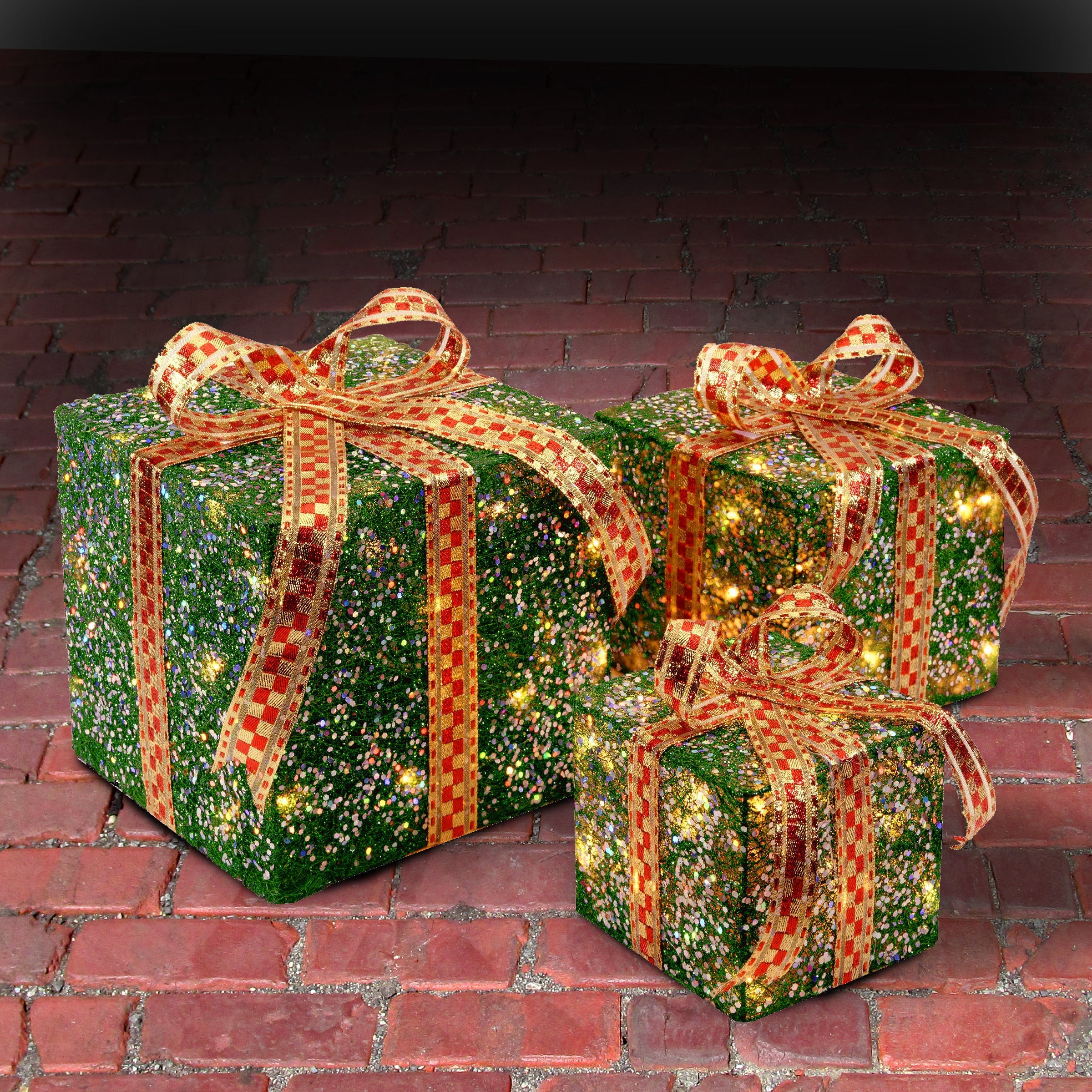 Pre-Lit Green and Gold Gift Boxes, Set of Three, White Lights