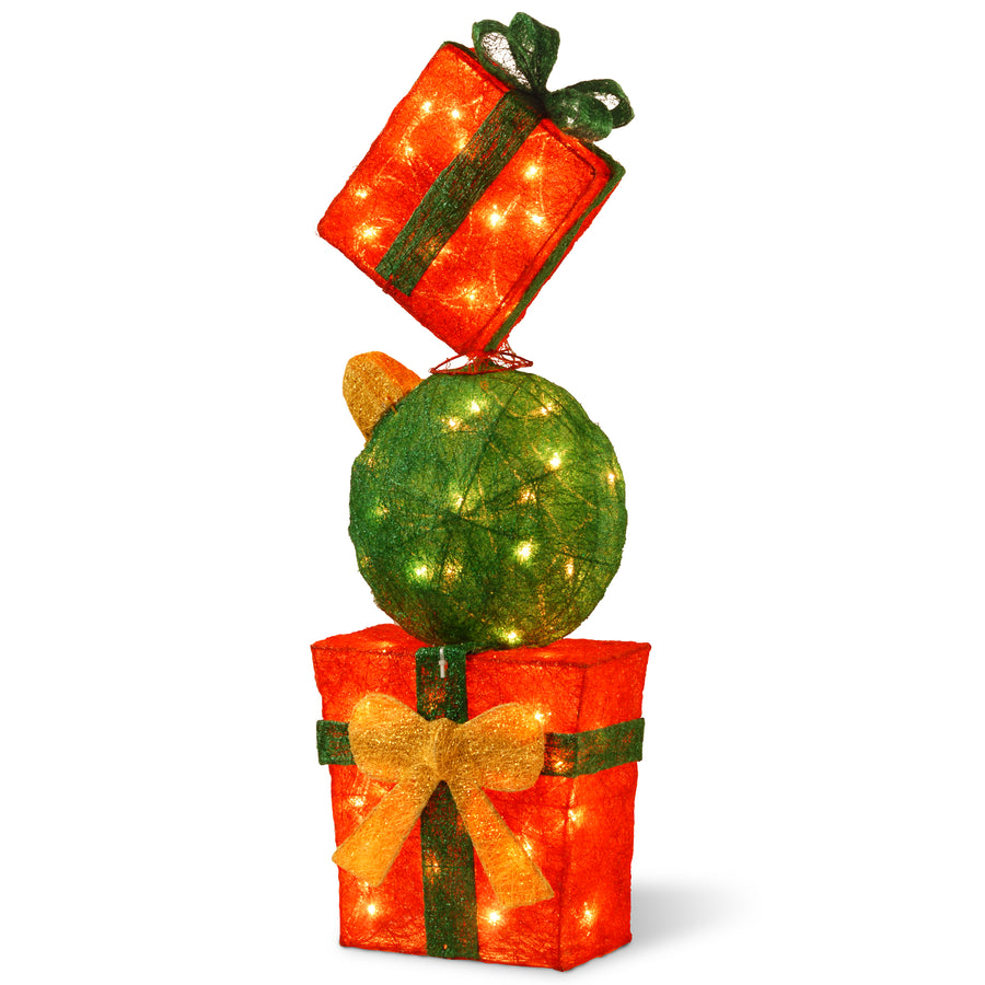 Pre-Lit Stack of Red and Green Gift Boxes Decoration, White Lights, Battery Operated, Christmas Collection, 33 Inches