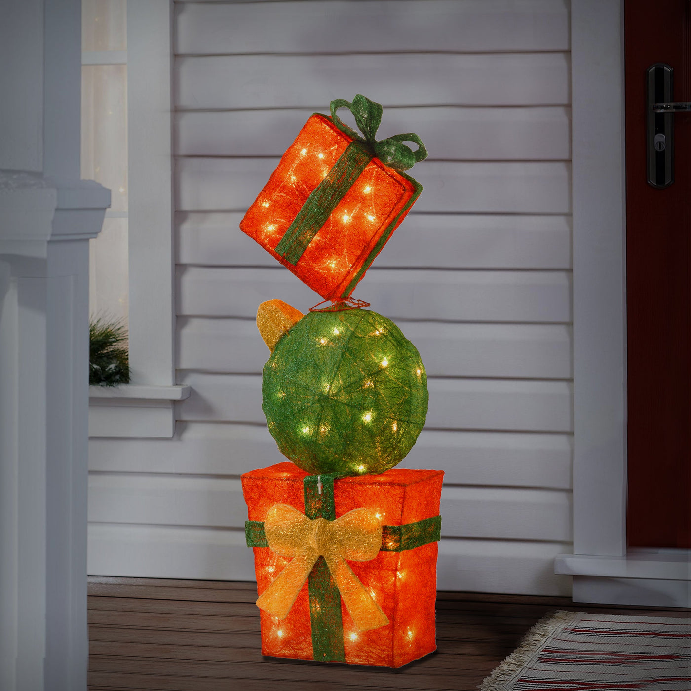 33 in. Pre-Lit Stack of Red and Green Gift Boxes Decoration, White Lights