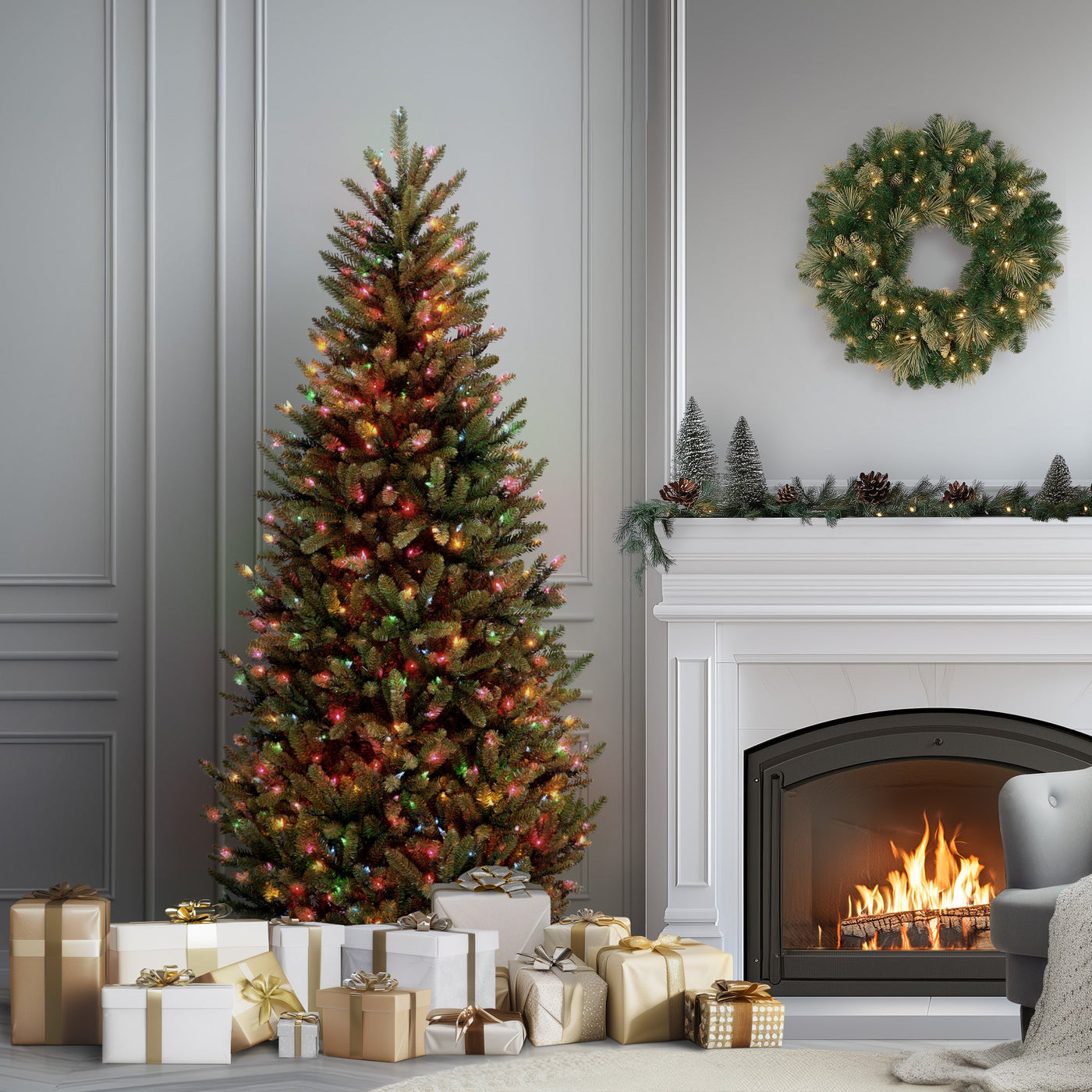 6.5 ft. Pre-Lit Natural Fraser Fir Slim Tree with Multicolor Lights