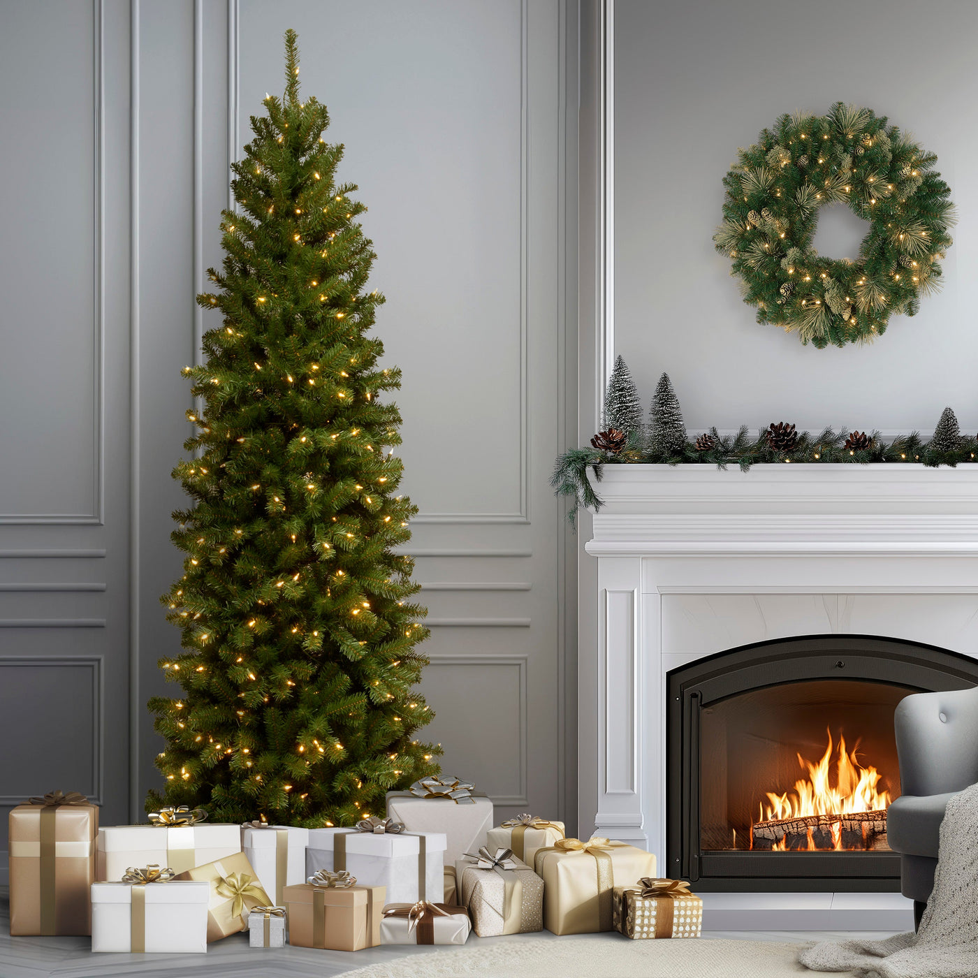 7.5 ft. Pre-Lit North Valley Spruce Pencil Slim Tree with Clear Lights